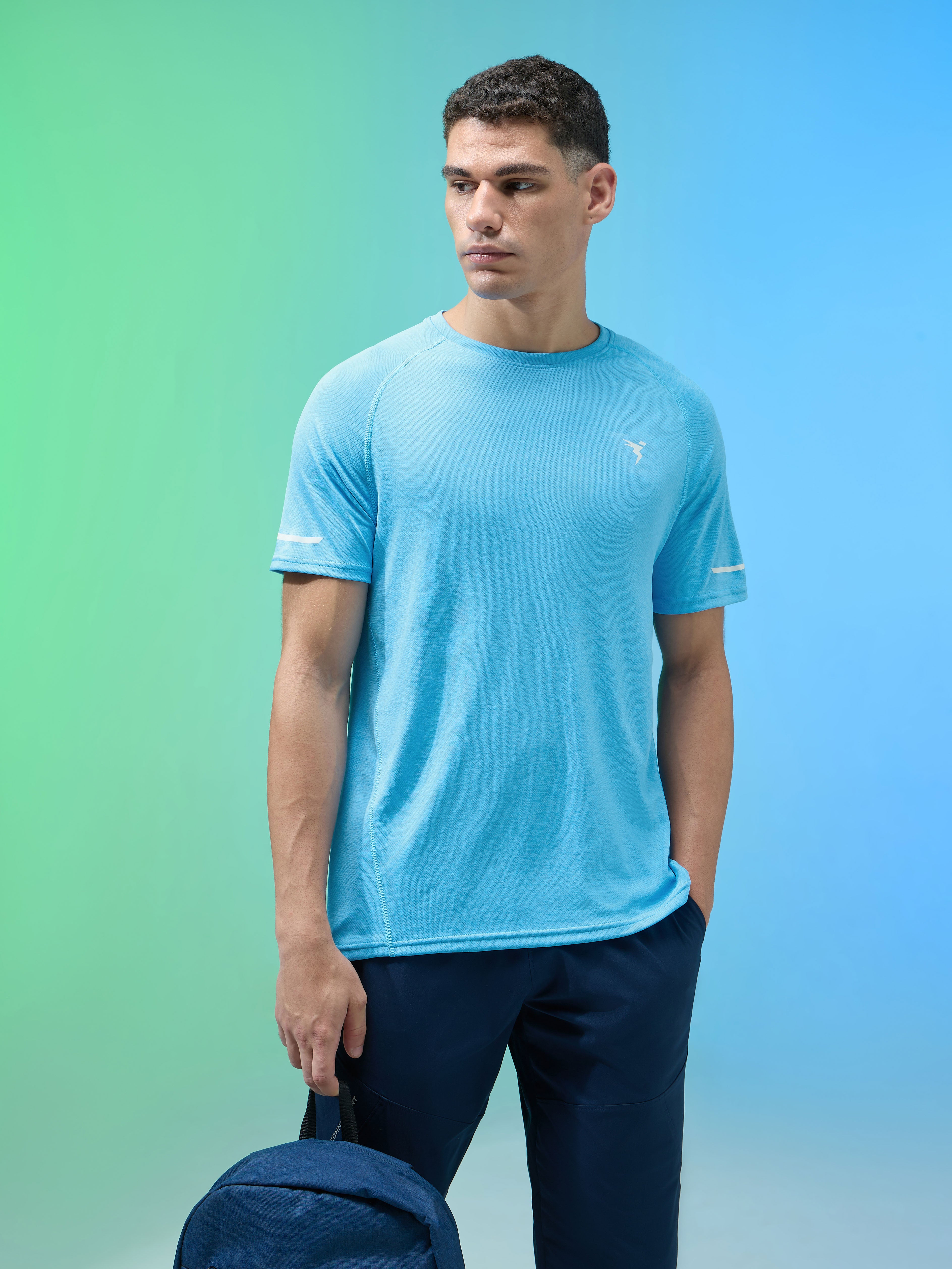 Men Melange Slim Fit Crew Neck T-shirt with DOUBLECOOL