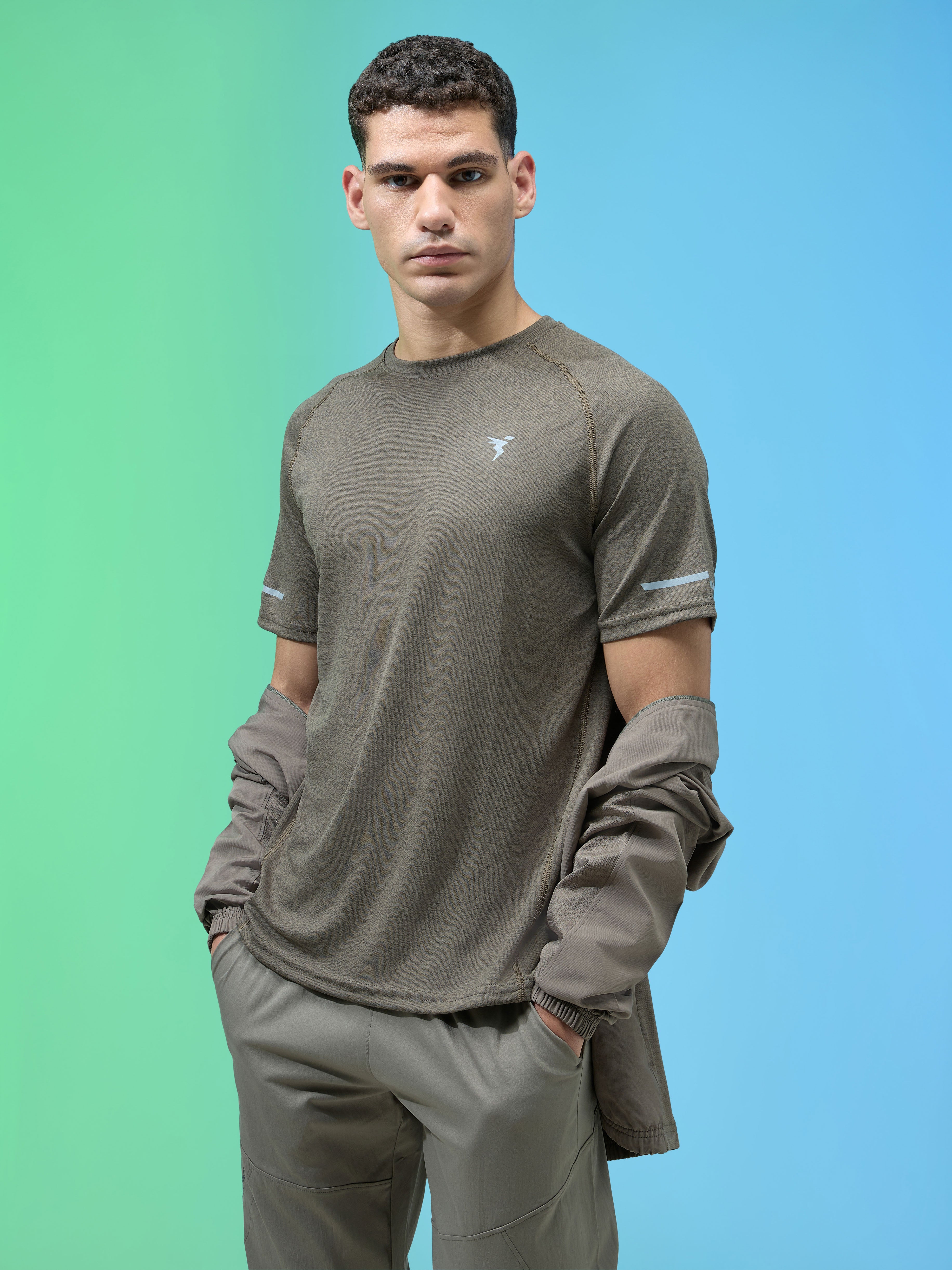 Men Melange Slim Fit Crew Neck T-shirt with DOUBLECOOL