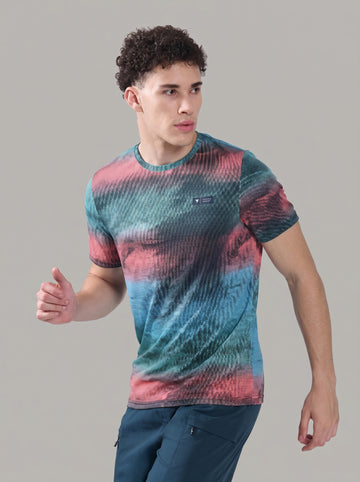 Men Abstract Print Slim Fit Crew Neck T-shirt with TECHNO COOL+