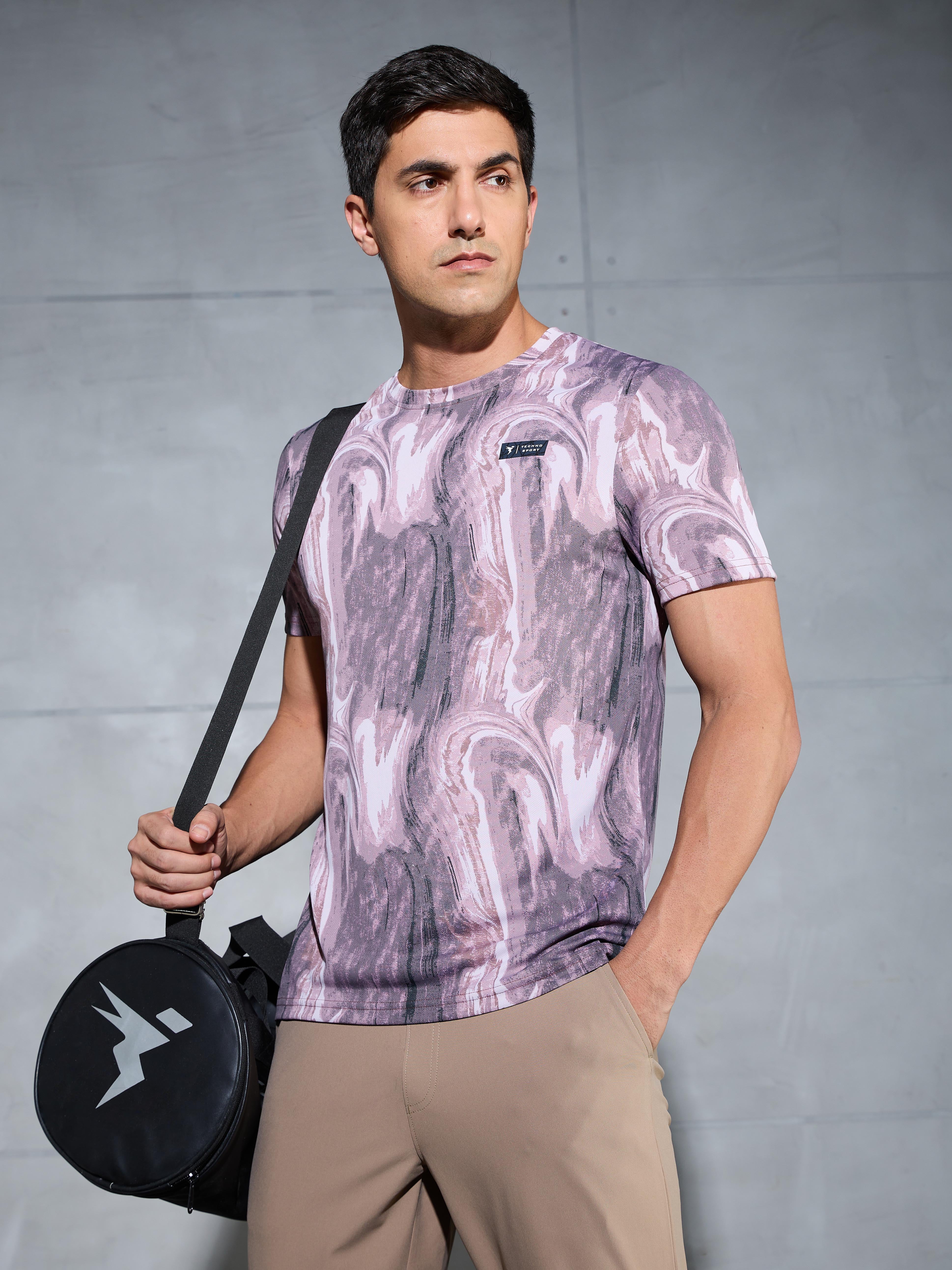 Men Abstract Print Slim Fit Crew Neck T-shirt with TECHNO COOL+