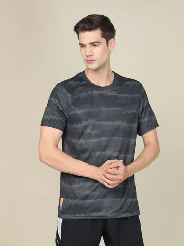 Men Abstract Print Slim Fit Crew Neck T-shirt with TECHNO COOL+