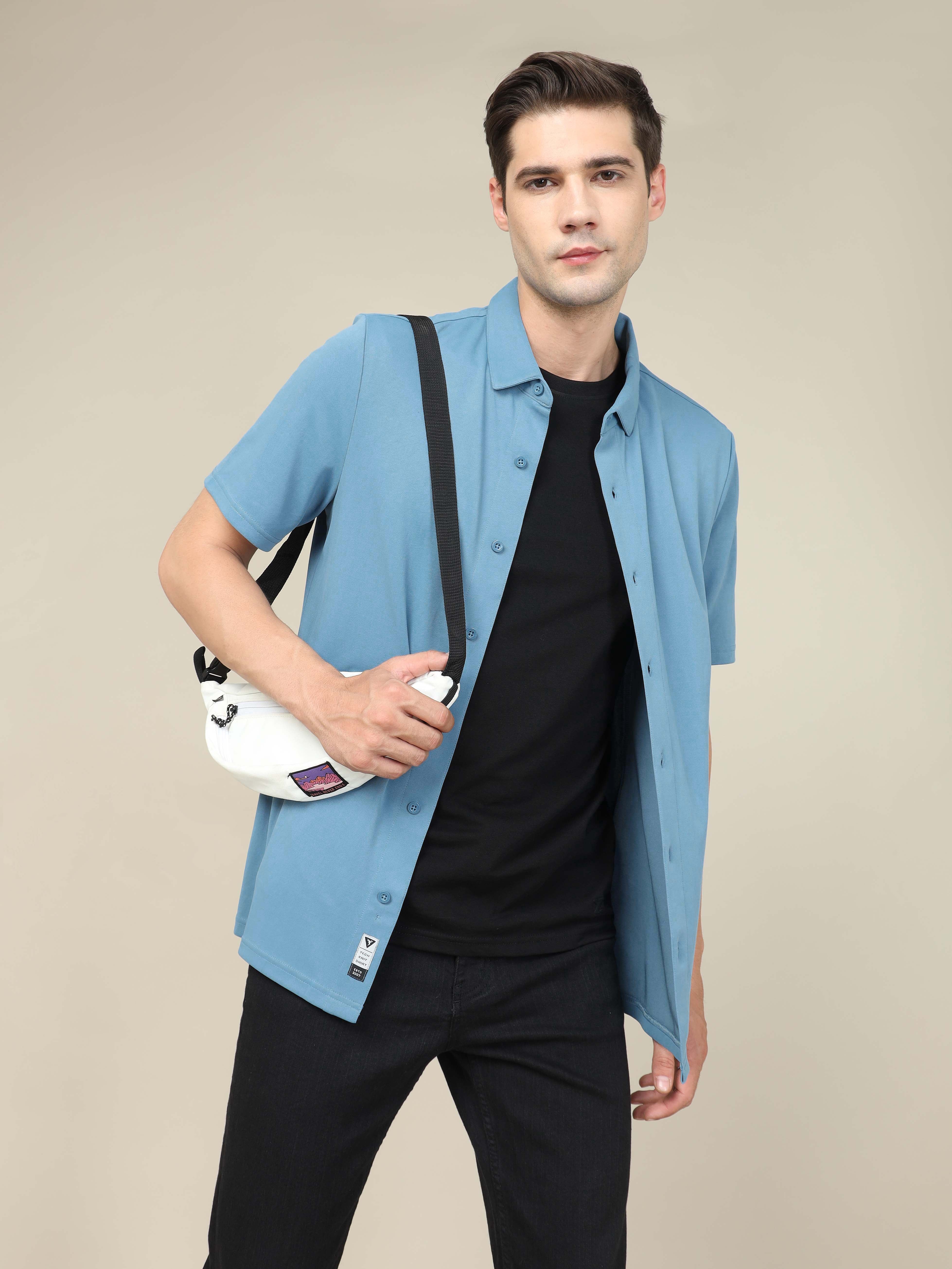 Men Solid Regular Fit Spread Collar Shirt with TECHNO COOL+