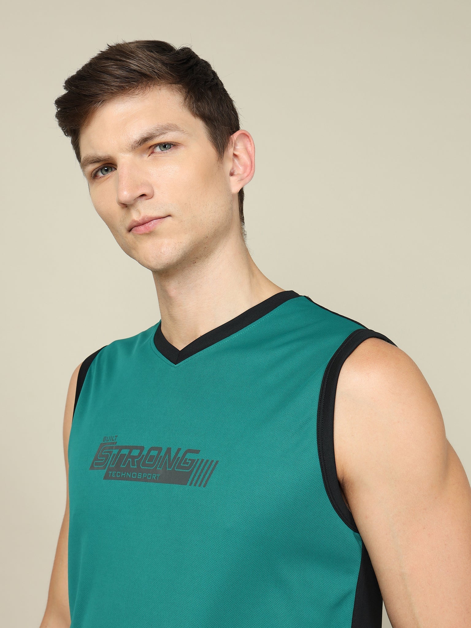 Men Solid Slim Fit V Neck Sleeveless T-shirt with TECHNO COOL