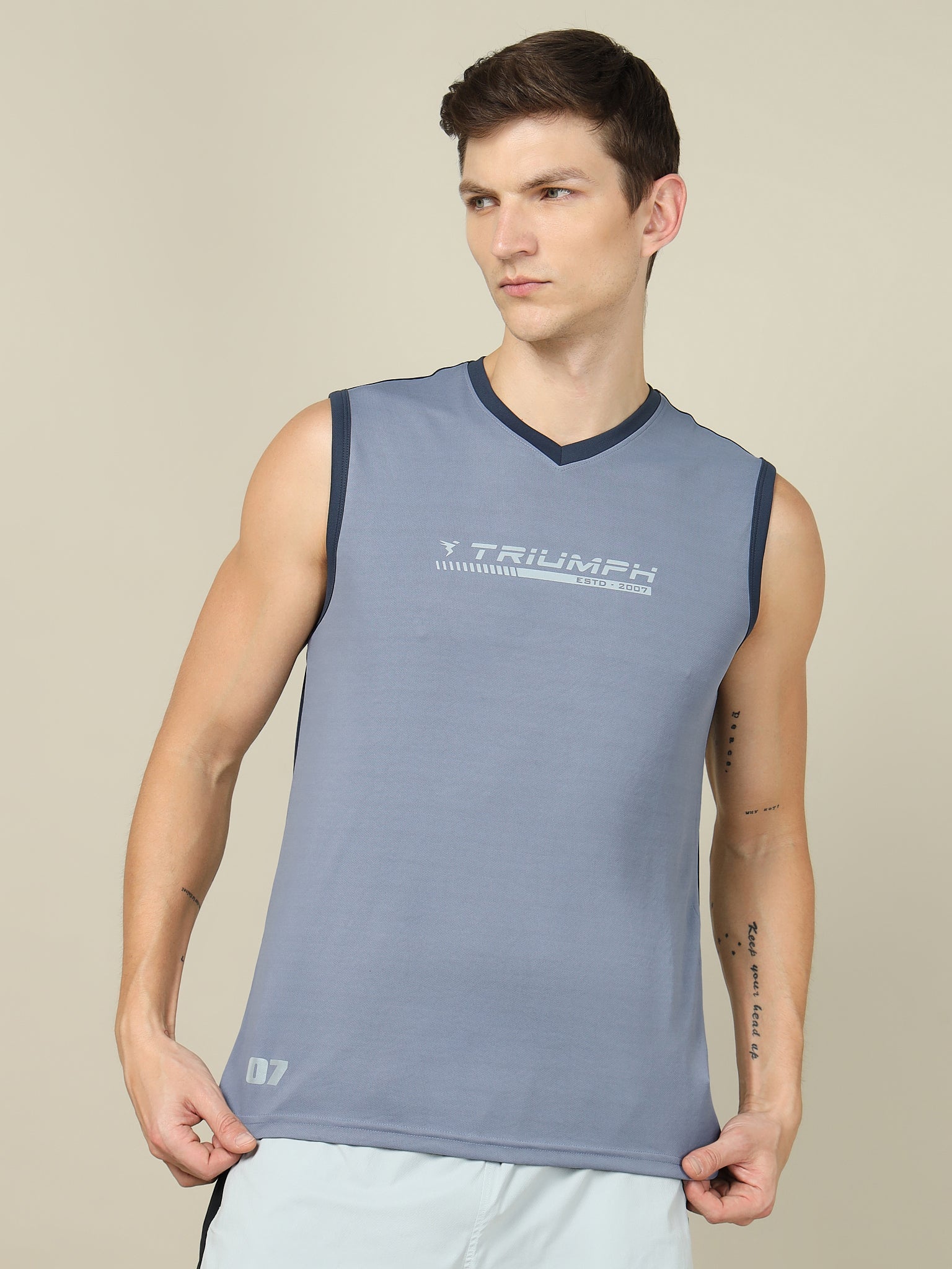 Men Solid Slim Fit V Neck Sleeveless T-shirt with TECHNO COOL +