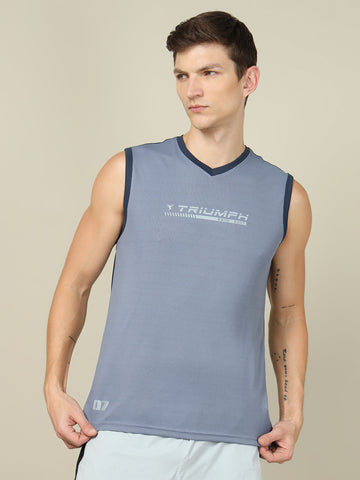 Men Solid Slim Fit V Neck Sleeveless T-shirt with TECHNO COOL +