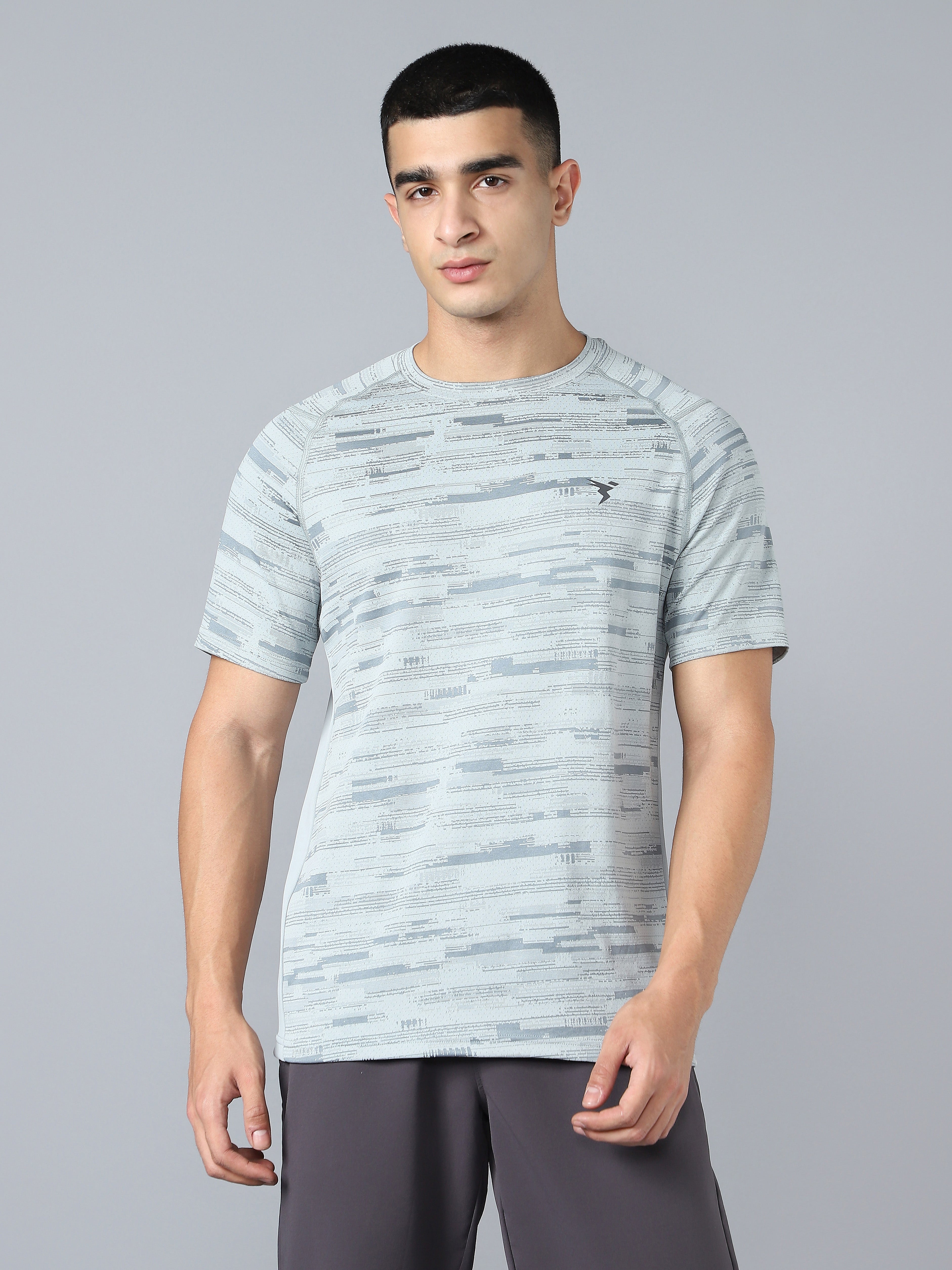 Men Self Design Slim Fit Crew Neck T-shirt with DOUBLE COOL