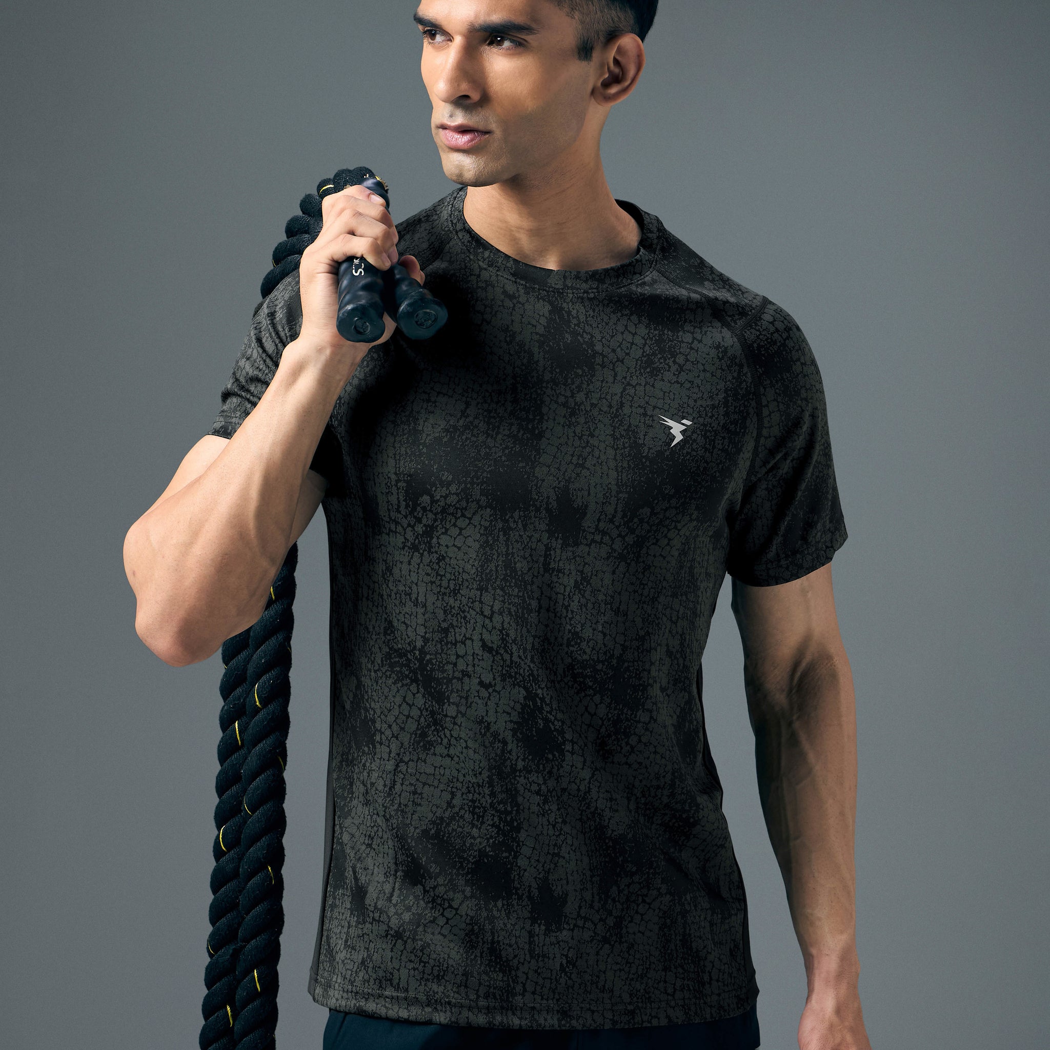 Men Self Design Slim Fit Crew Neck T-shirt with DOUBLE COOL