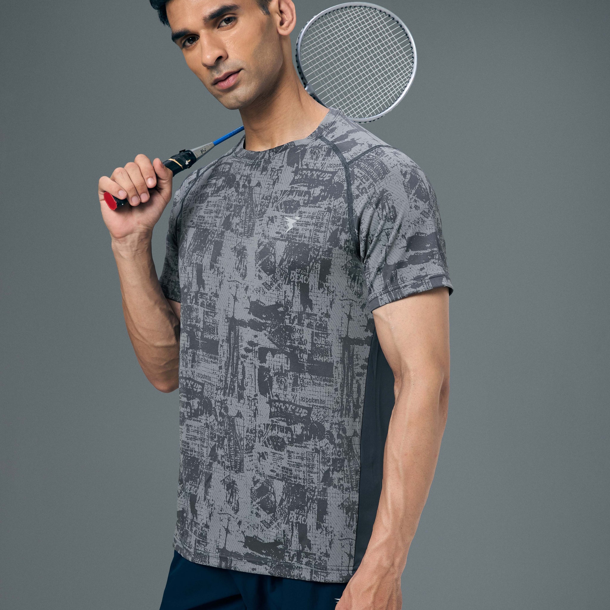 Men Self Design Slim Fit Crew Neck T-shirt with DOUBLE COOL