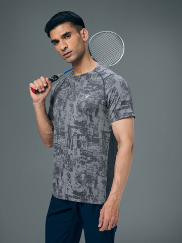 Men Self Design Slim Fit Crew Neck T-shirt with DOUBLE COOL