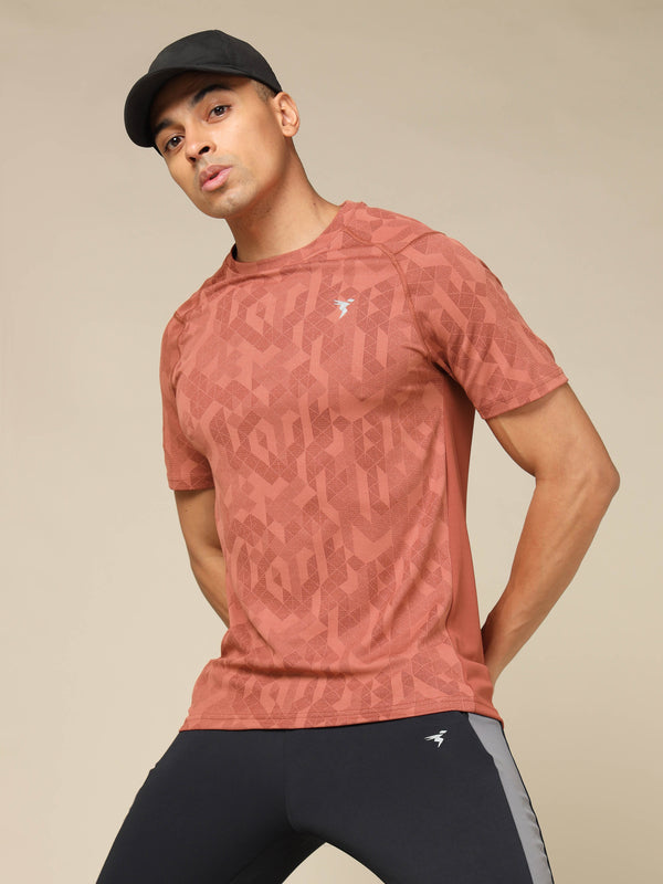 Men Self Design Slim Fit Crew Neck T-shirt with DOUBLE COOL