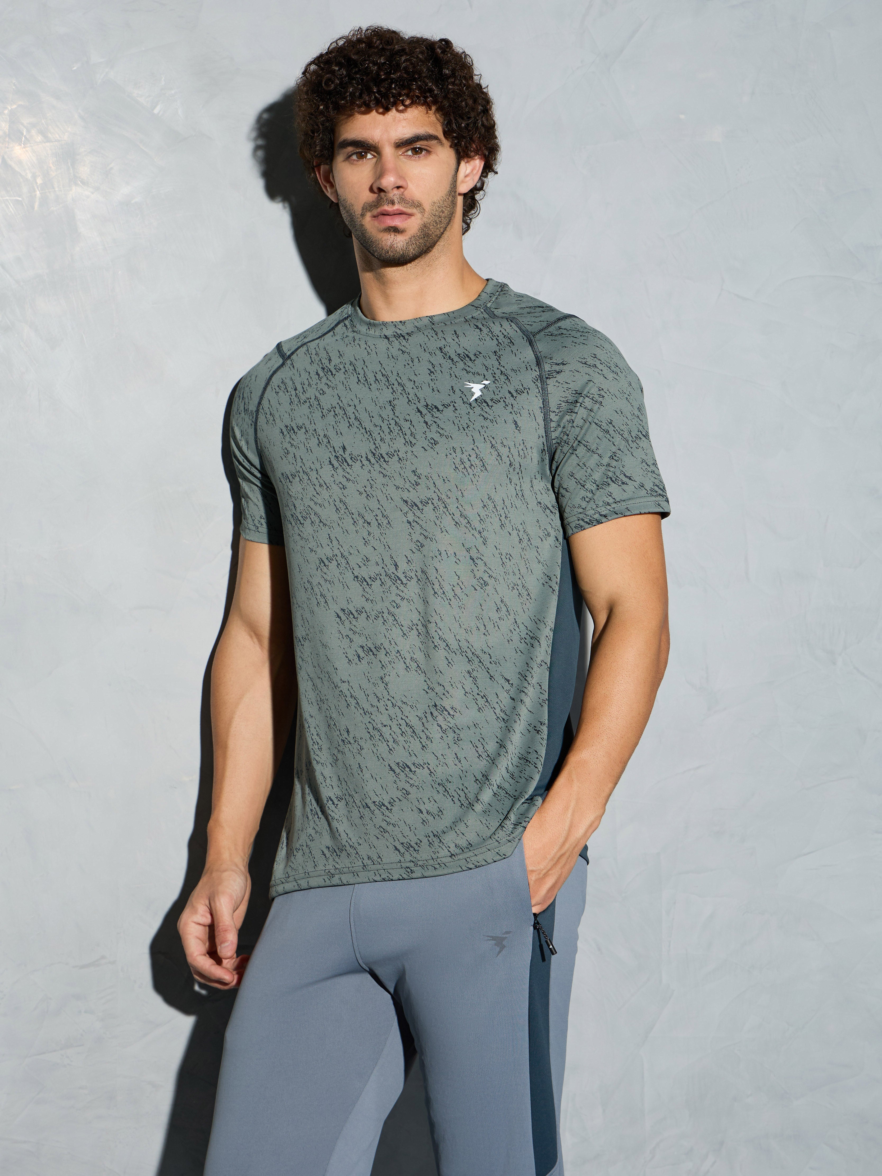 Men Self Design Slim Fit Crew Neck T-shirt with DOUBLE COOL