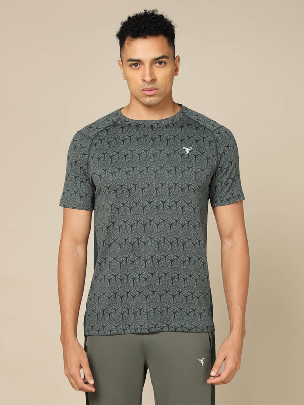 Men Self Design Slim Fit Crew Neck T-shirt with DOUBLE COOL