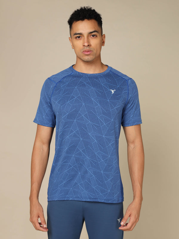 Men Self Design Slim Fit Crew Neck T-shirt with DOUBLE COOL