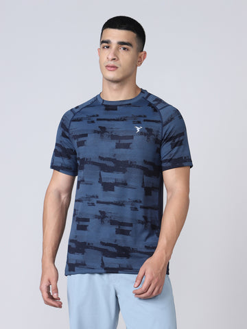 Men Self Design Slim Fit Crew Neck T-shirt with DOUBLE COOL