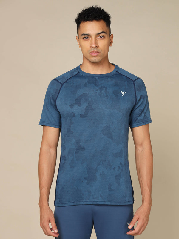 Men Self Design Slim Fit Crew Neck T-shirt with DOUBLE COOL
