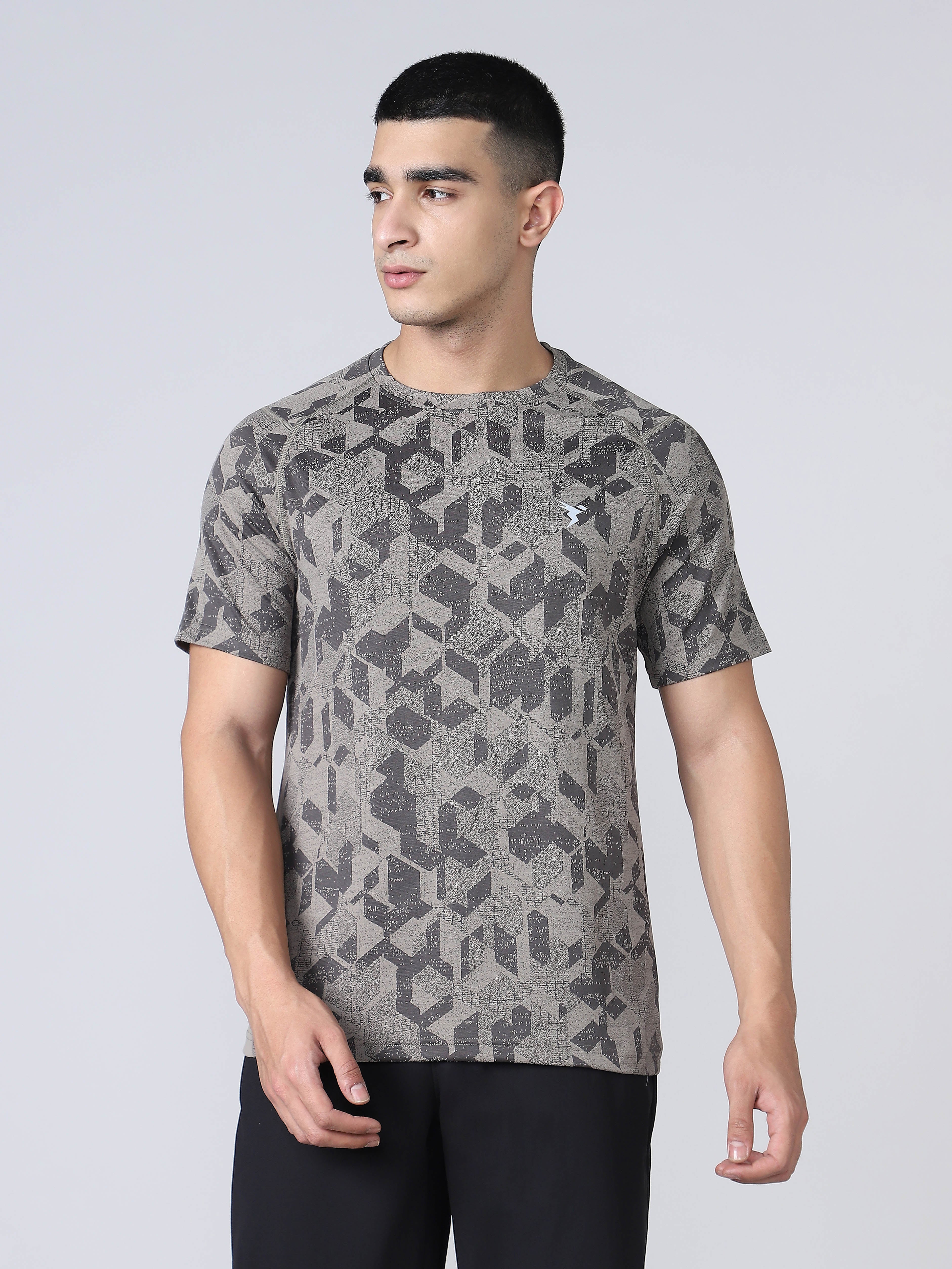 Men Self Design Slim Fit Crew Neck T-shirt with DOUBLE COOL