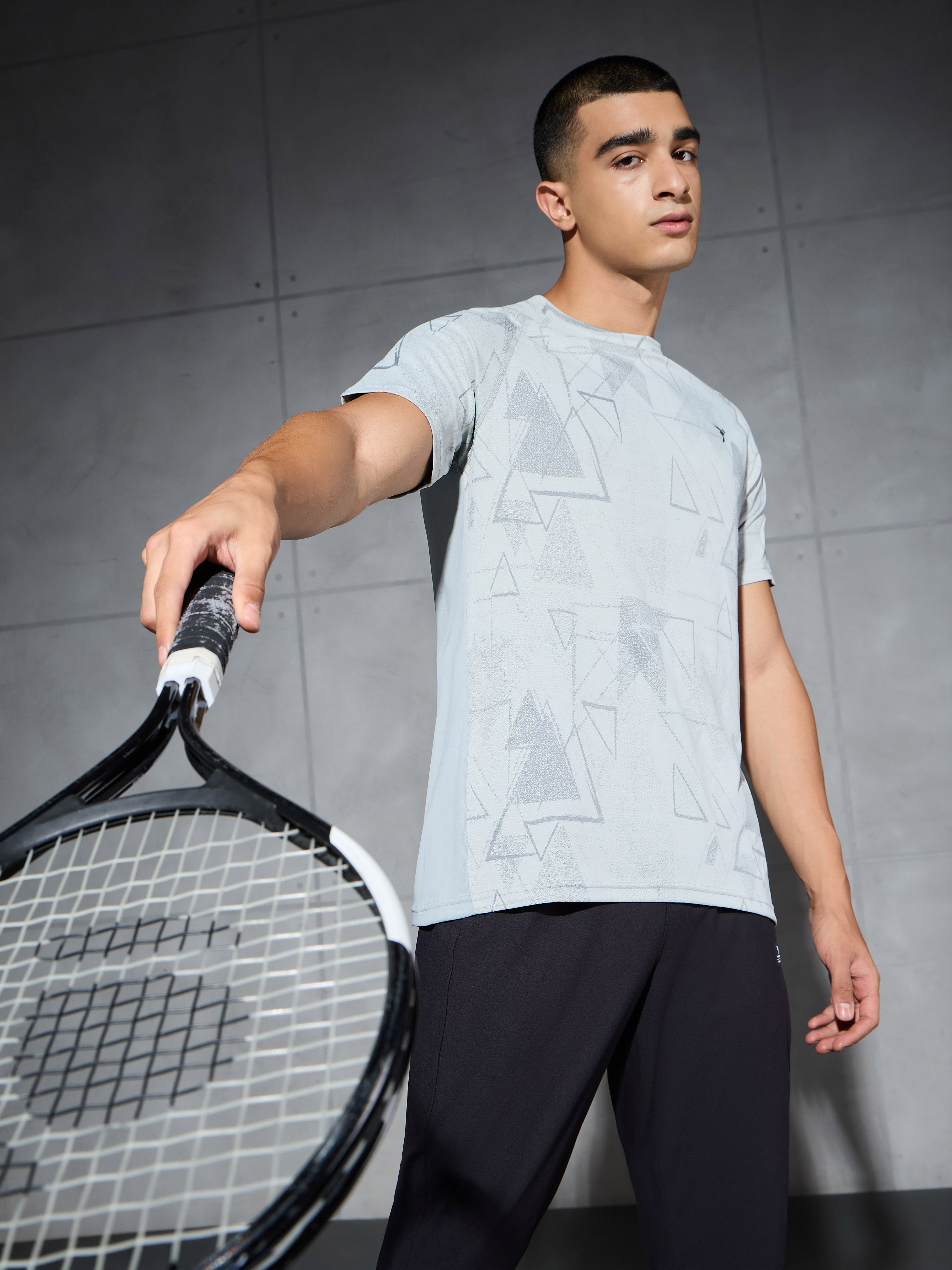 Men Self Design Slim Fit Crew Neck T-shirt with DOUBLE COOL