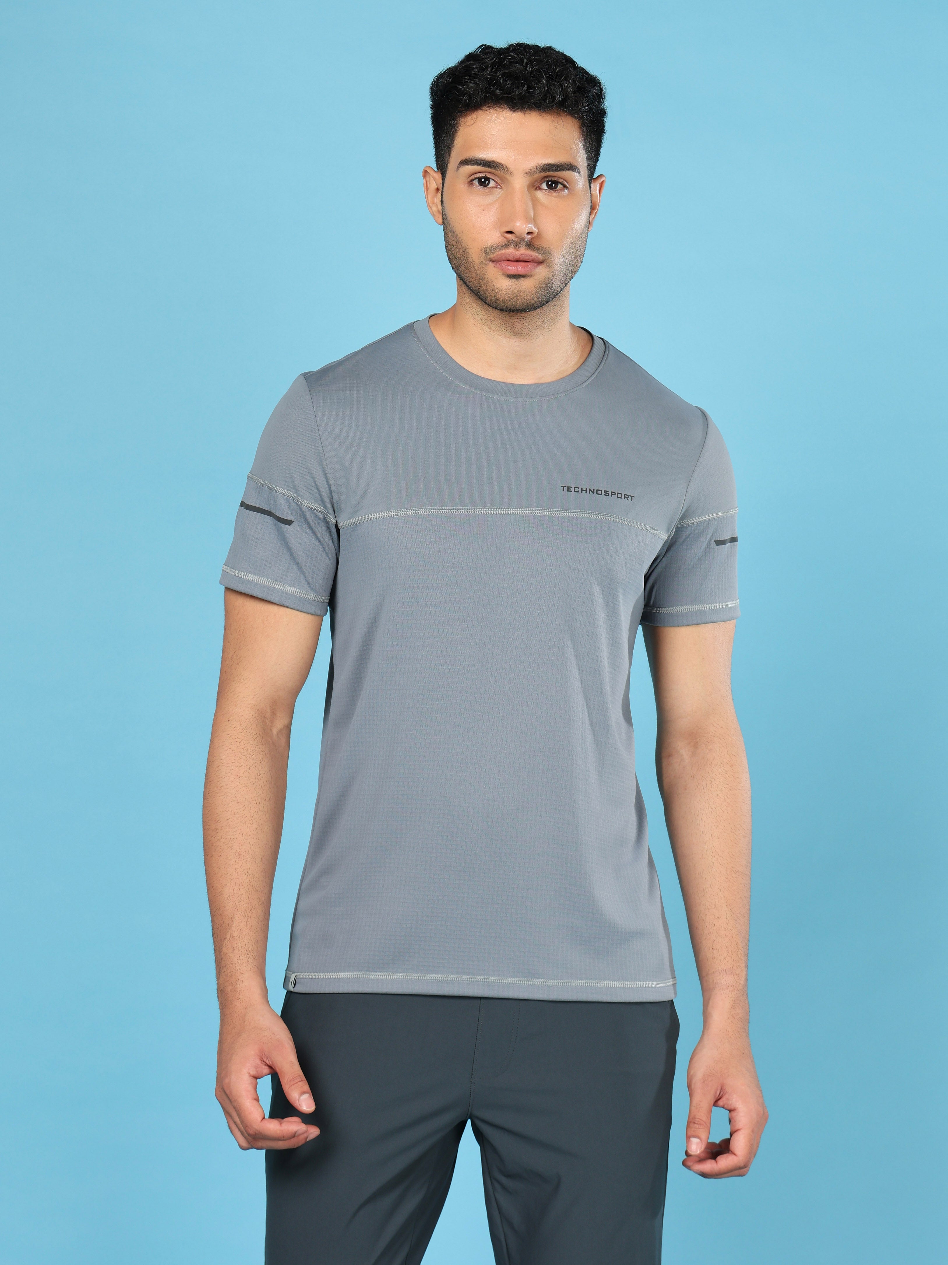 Men Solid Slim Fit Crew Neck T-shirt with DOUBLE COOL