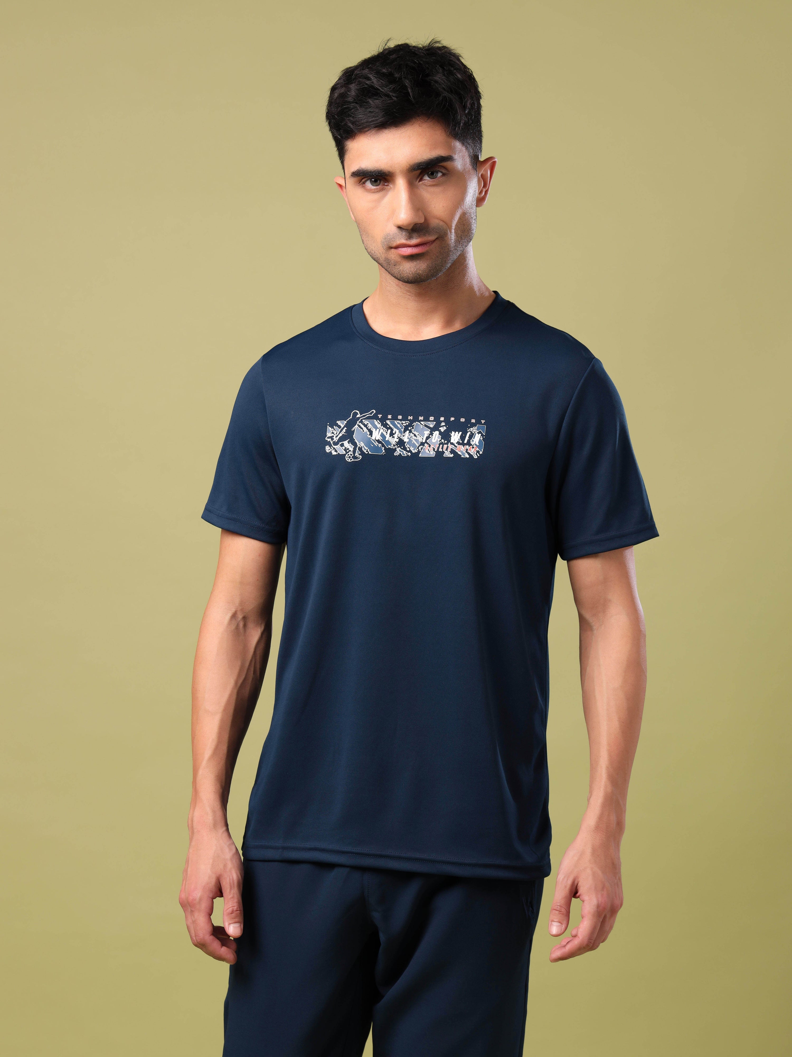 Men Printed Slim Fit Round Neck T-shirt with TECHNO COOL+