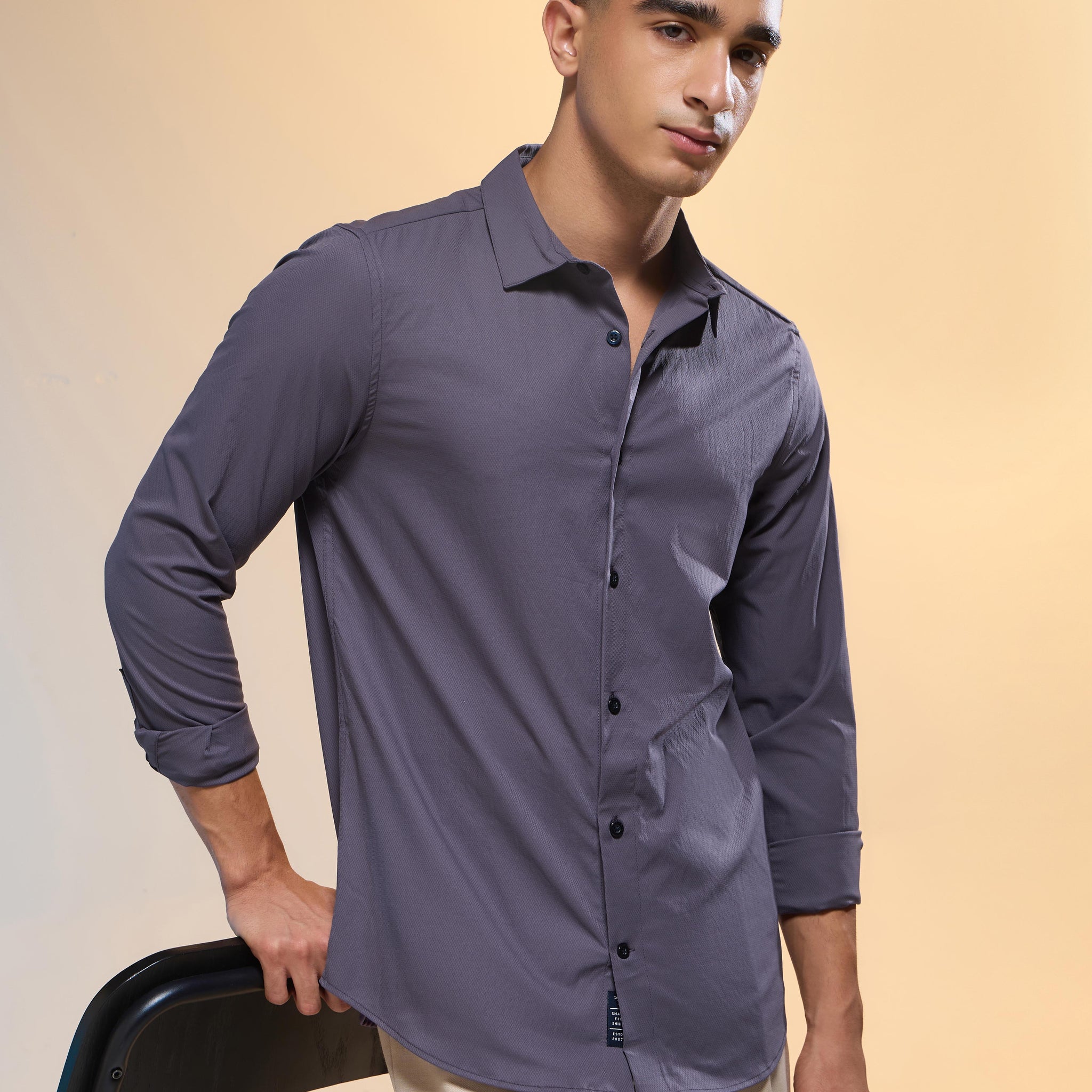 Men Solid Slim Fit Spread Collar Shirt with TS LYTRA