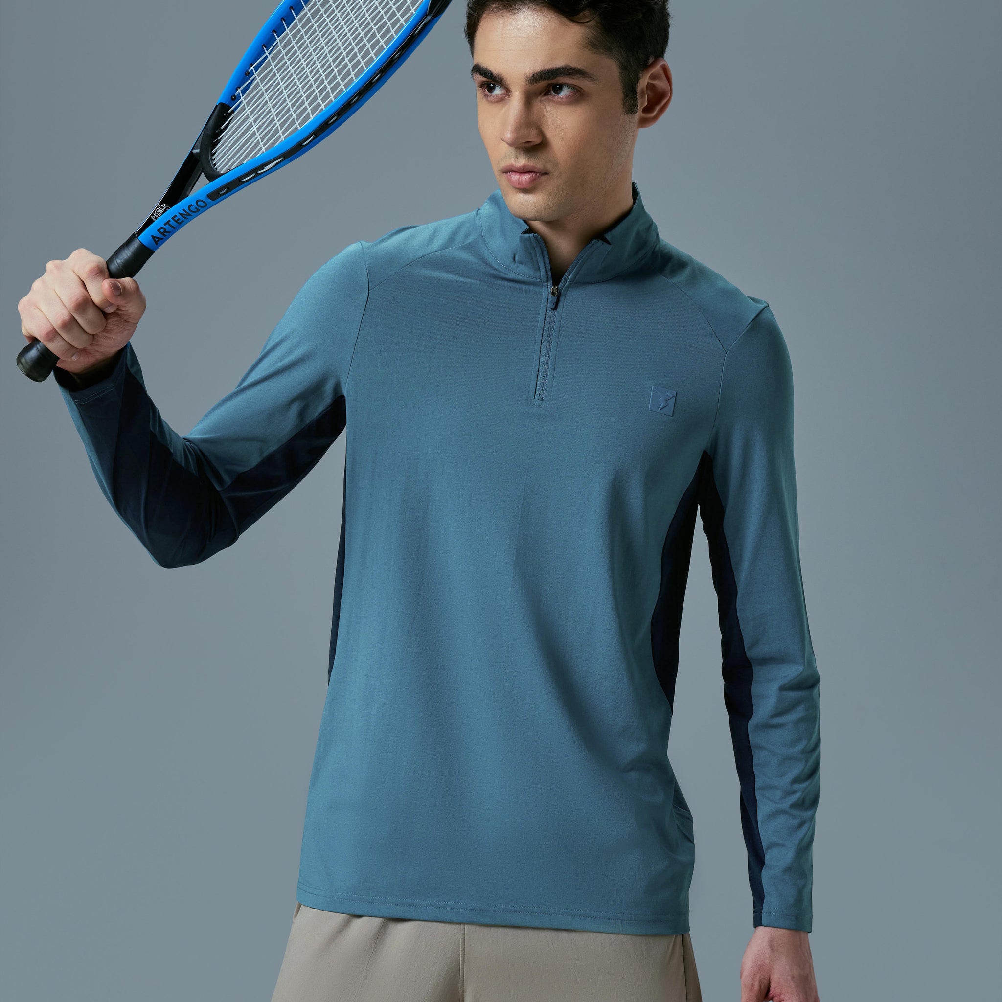 Men Colorblock Slim Fit Mock Neck Sports T-shirt with COTFLEX