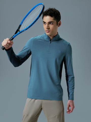 Men Colorblock Slim Fit Mock Neck Sports T-shirt with COTFLEX