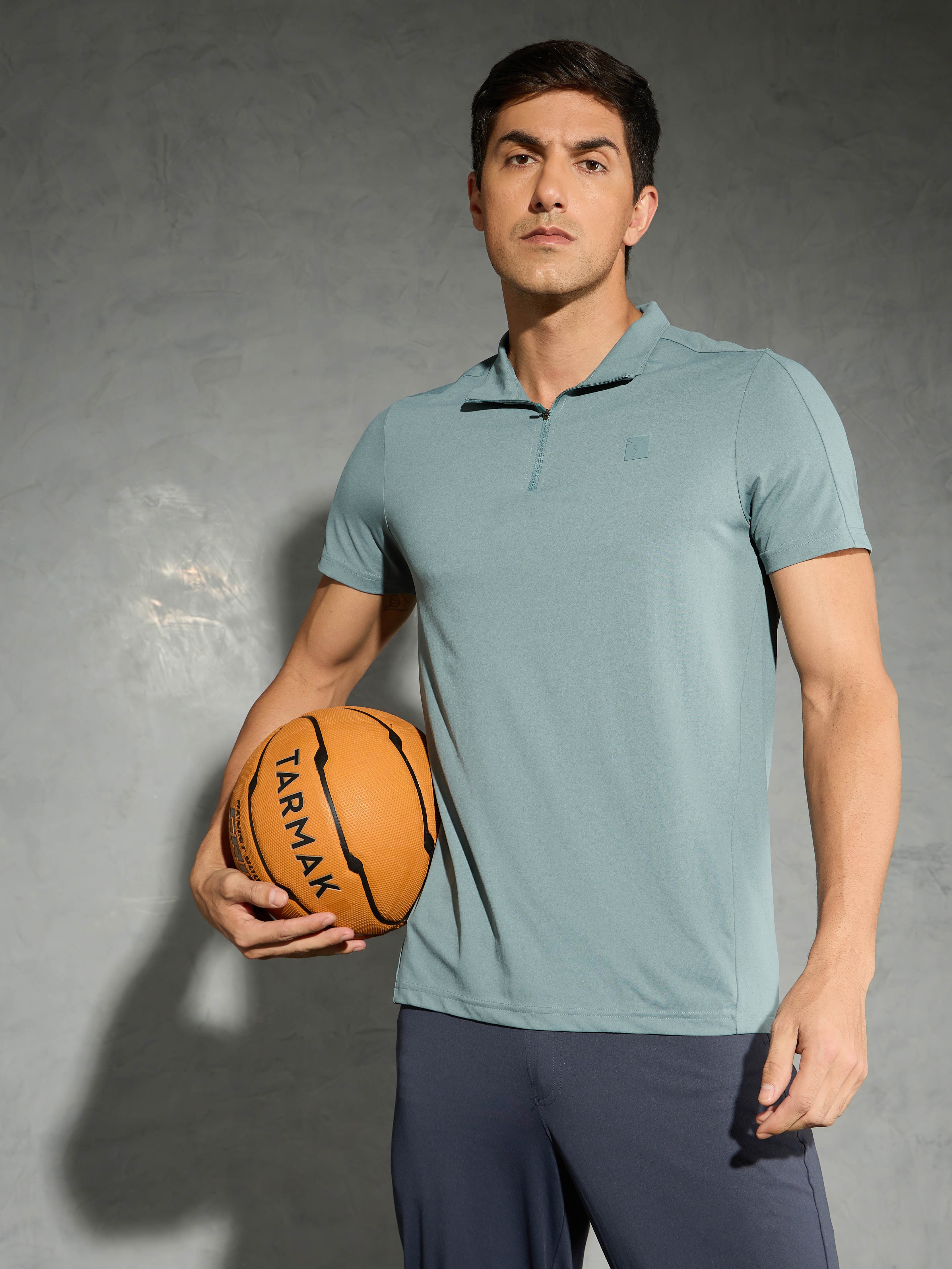 Men Solid Slim Fit Mock Neck T-shirt with COTFLEX
