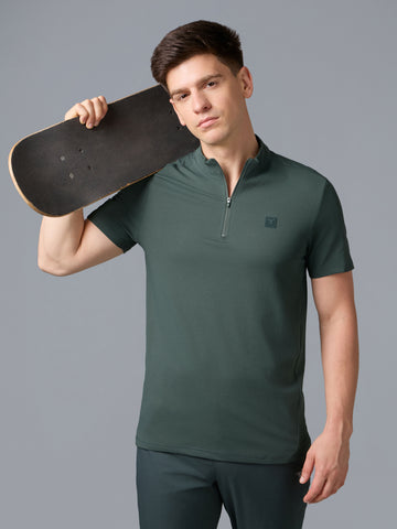 Men Solid Slim Fit Mock Neck T-shirt with COTFLEX