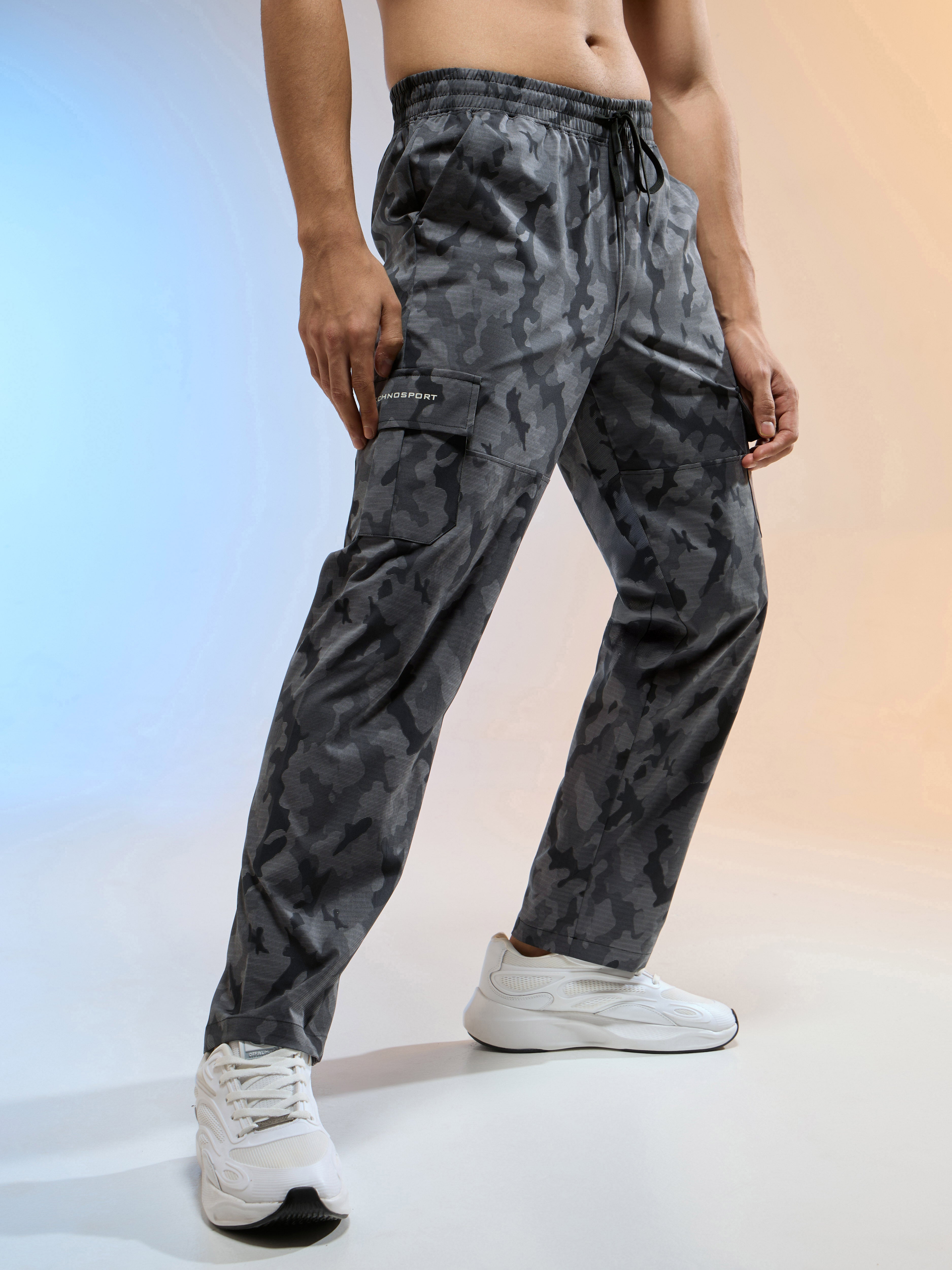 Men Printed Straight Fit Sports Cargo Trackpants with TS LYTRA