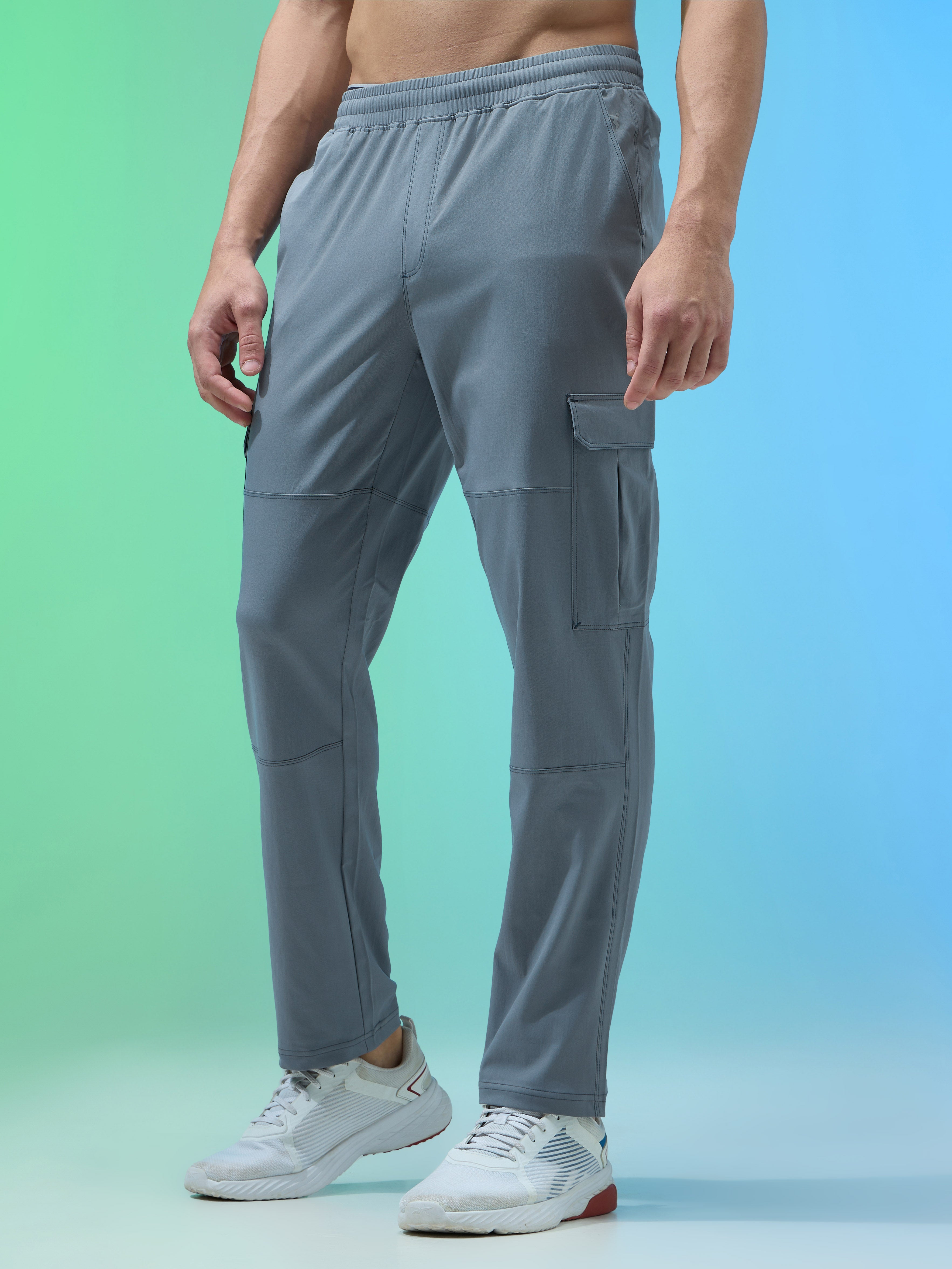 Men Solid Straight Fit Sports Cargo Trackpants with TS FLEXI