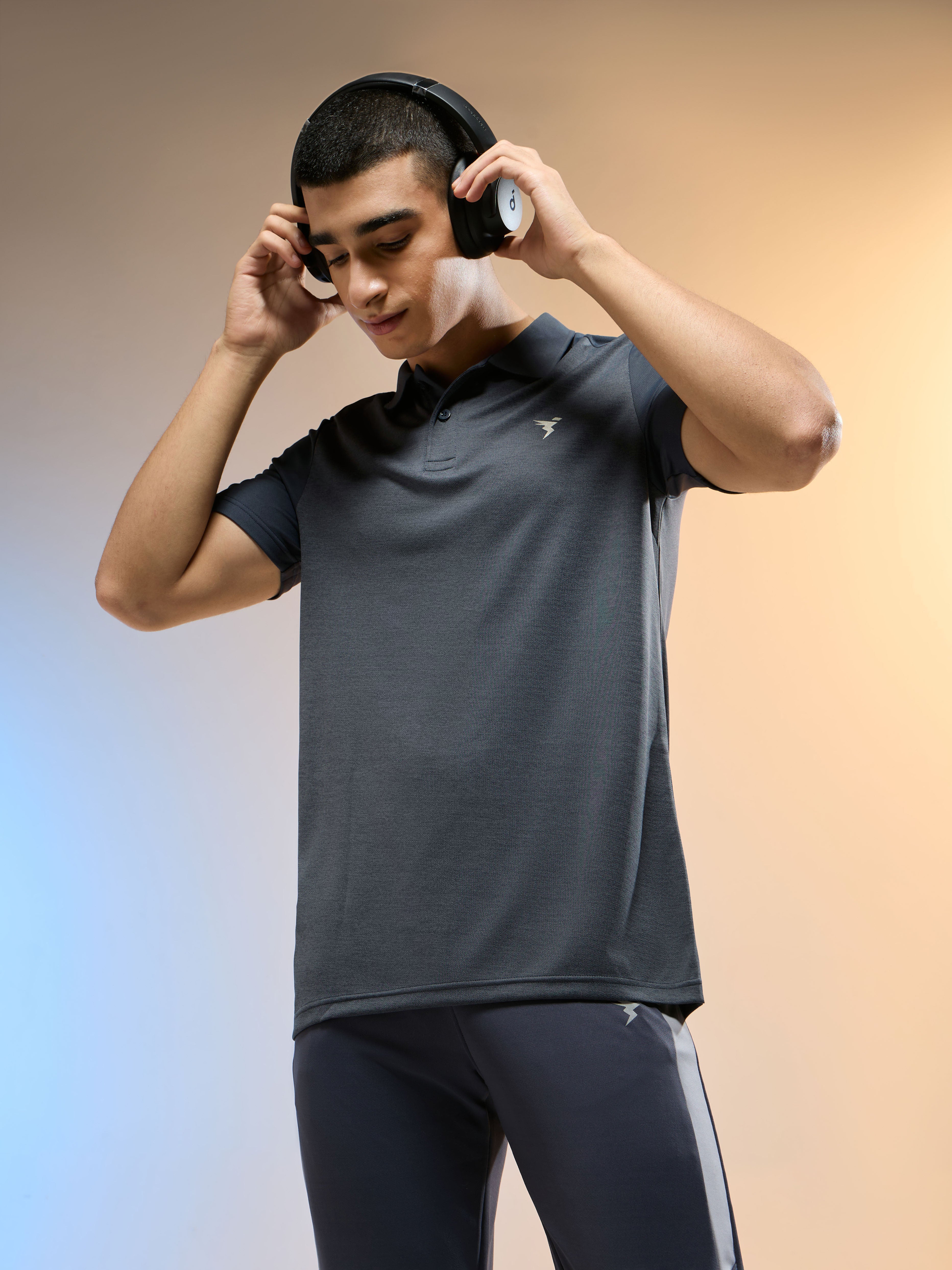Men Melange Slim Fit Round Neck Sports T-shirt with DOUBLE COOL
