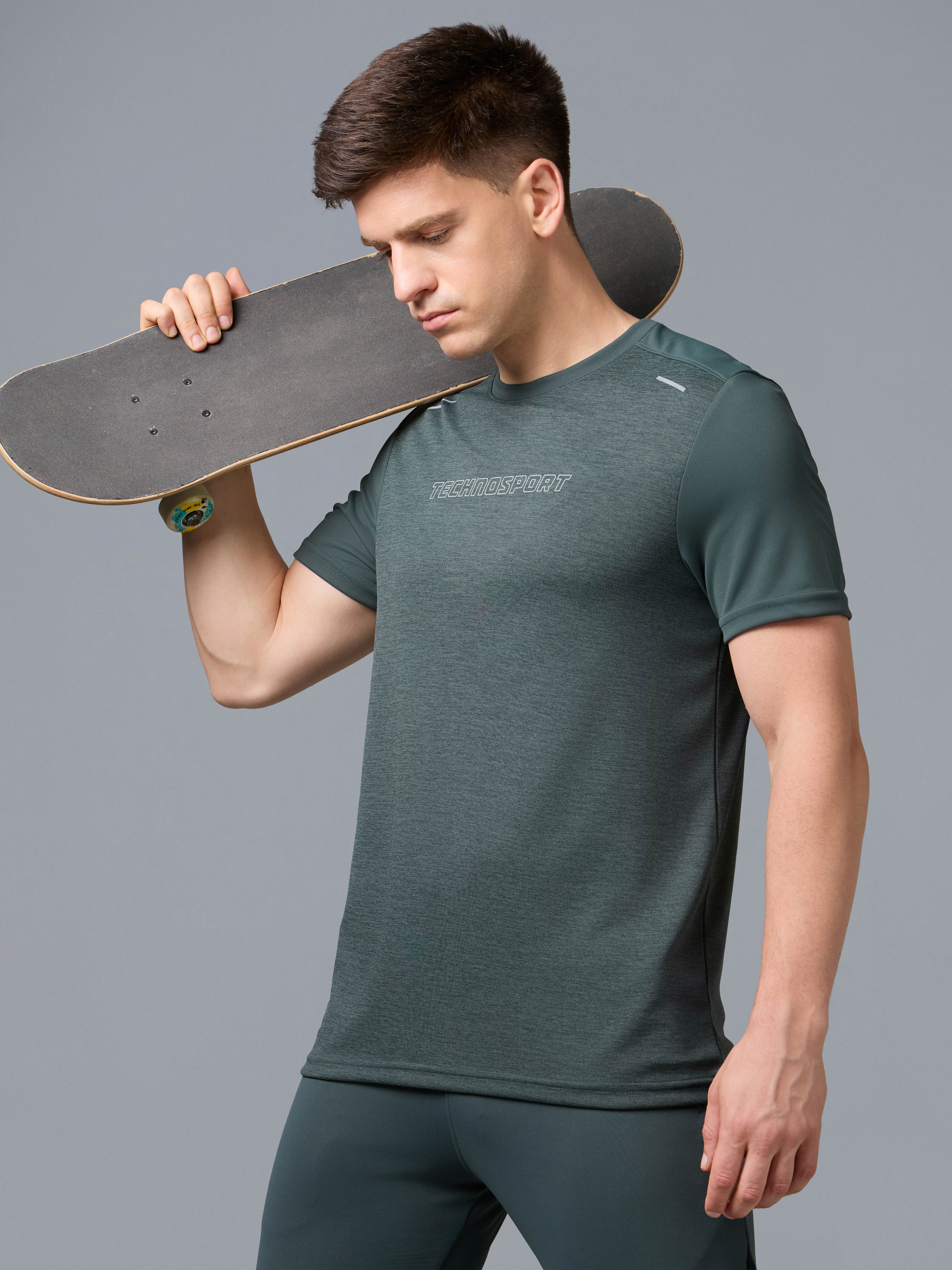 Men Melange Slim Fit Round Neck Sports T-shirt with DOUBLE COOL