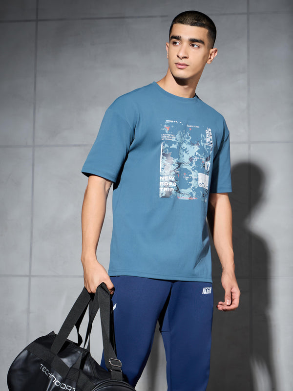 Men Printed Oversized Round Neck Sports T-shirt with ELASTO PLUS