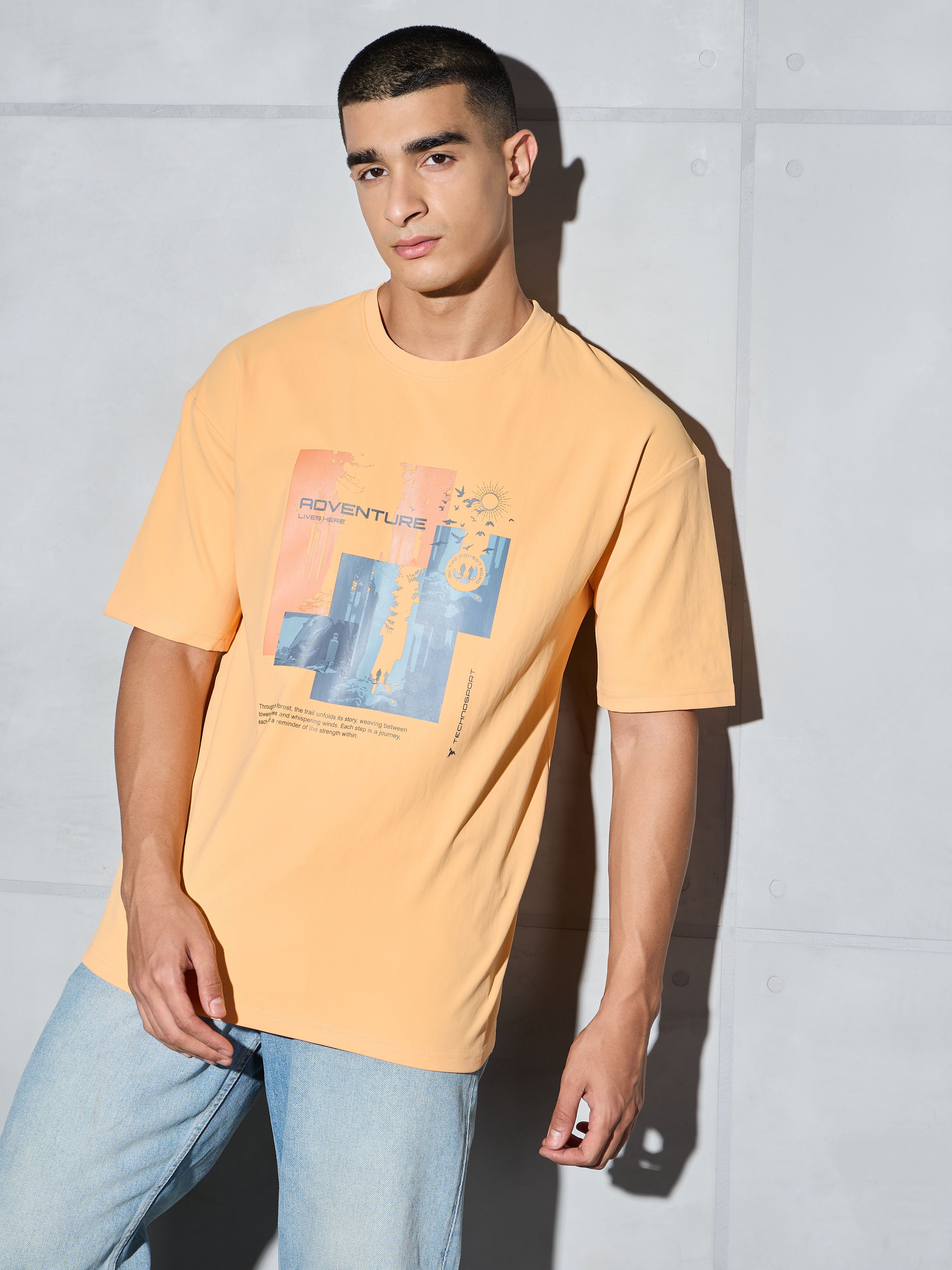 Men Printed Oversized Round Neck Sports T-shirt with ELASTO PLUS