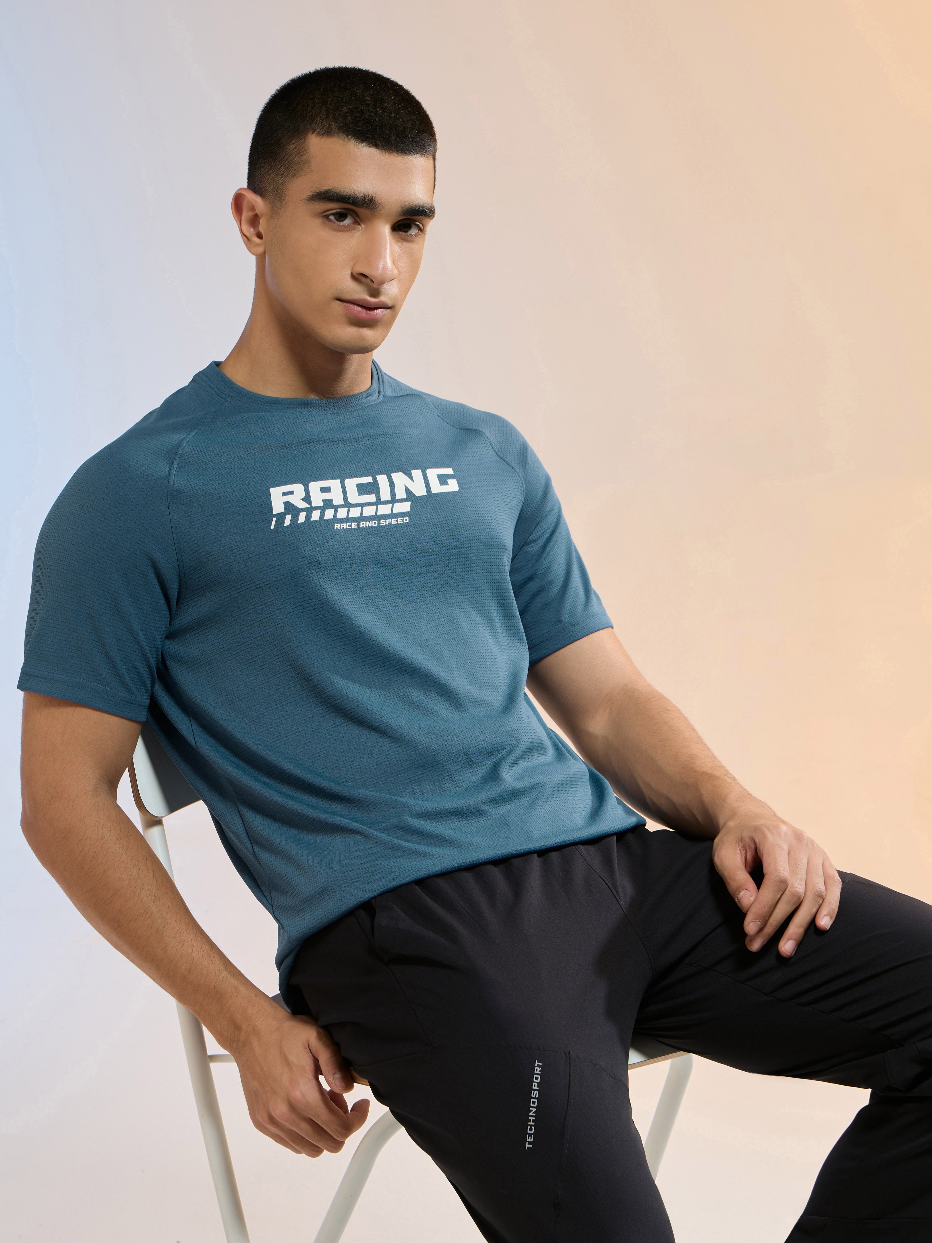 Men Typography Printed Slim Fit Round Neck Sports T-shirt with TECHNOCOOL+