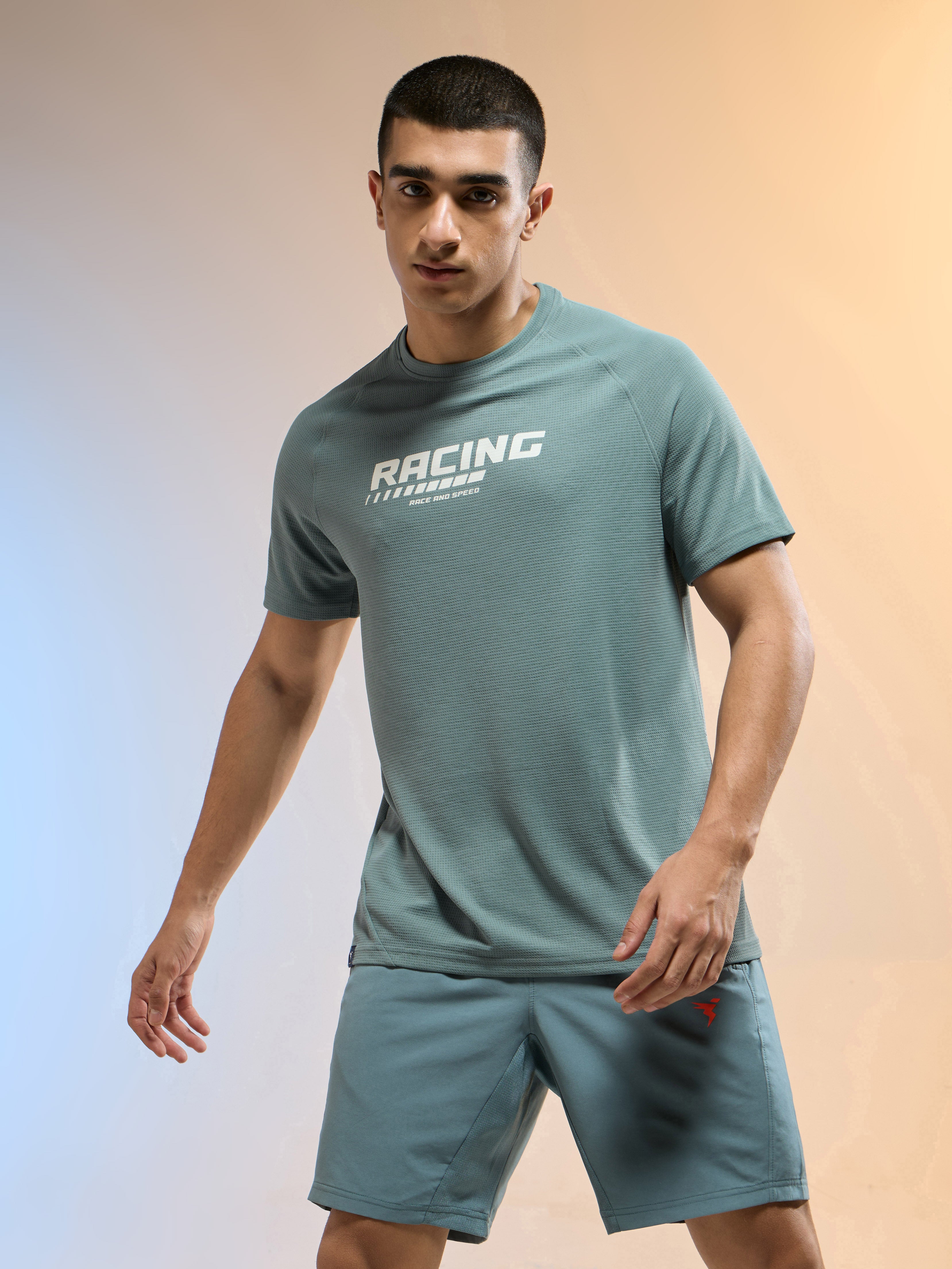 Men Typography Printed Slim Fit Round Neck Sports T-shirt with TECHNOCOOL+