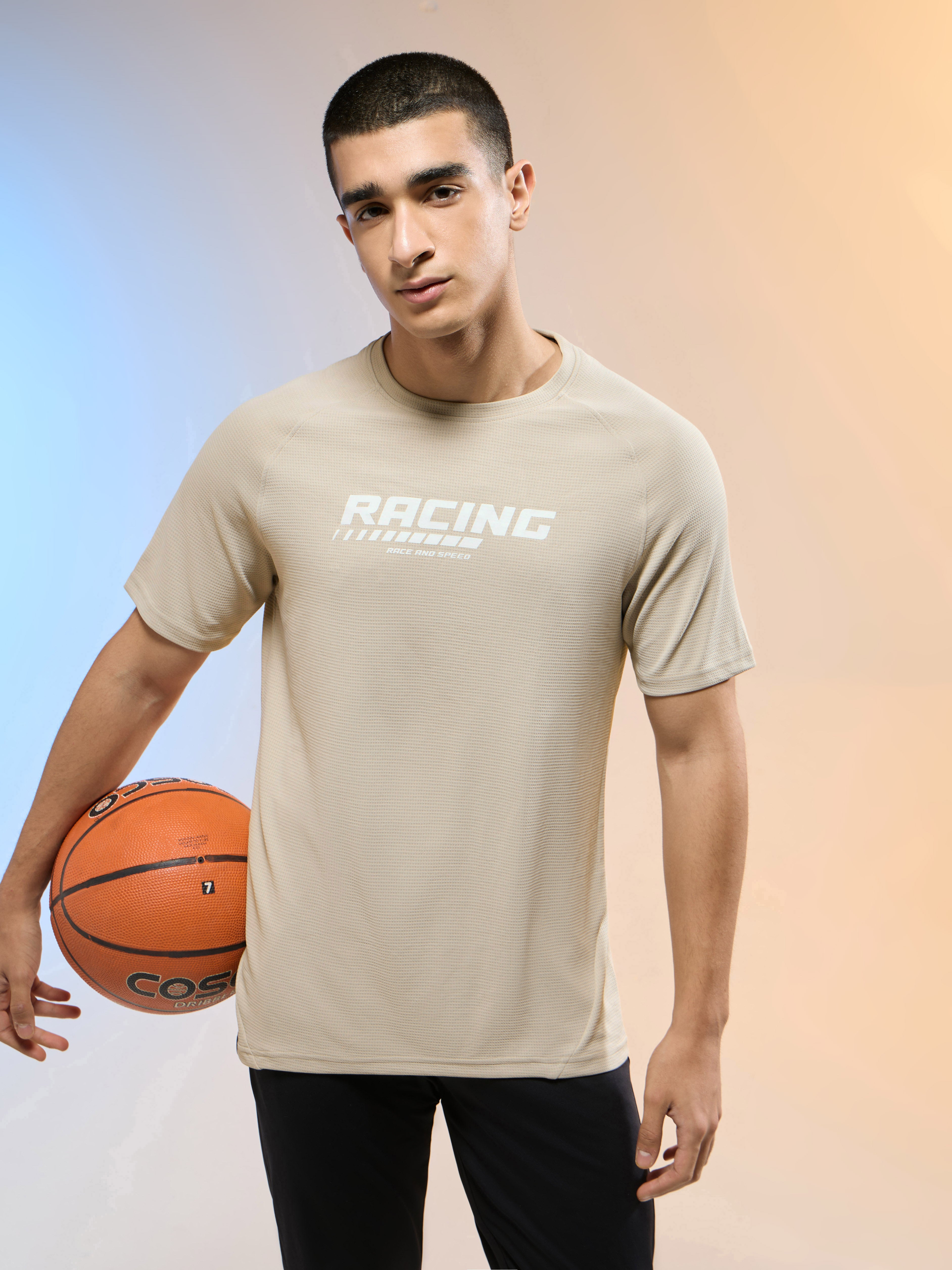 Men Typography Printed Slim Fit Round Neck Sports T-shirt with TECHNOCOOL+