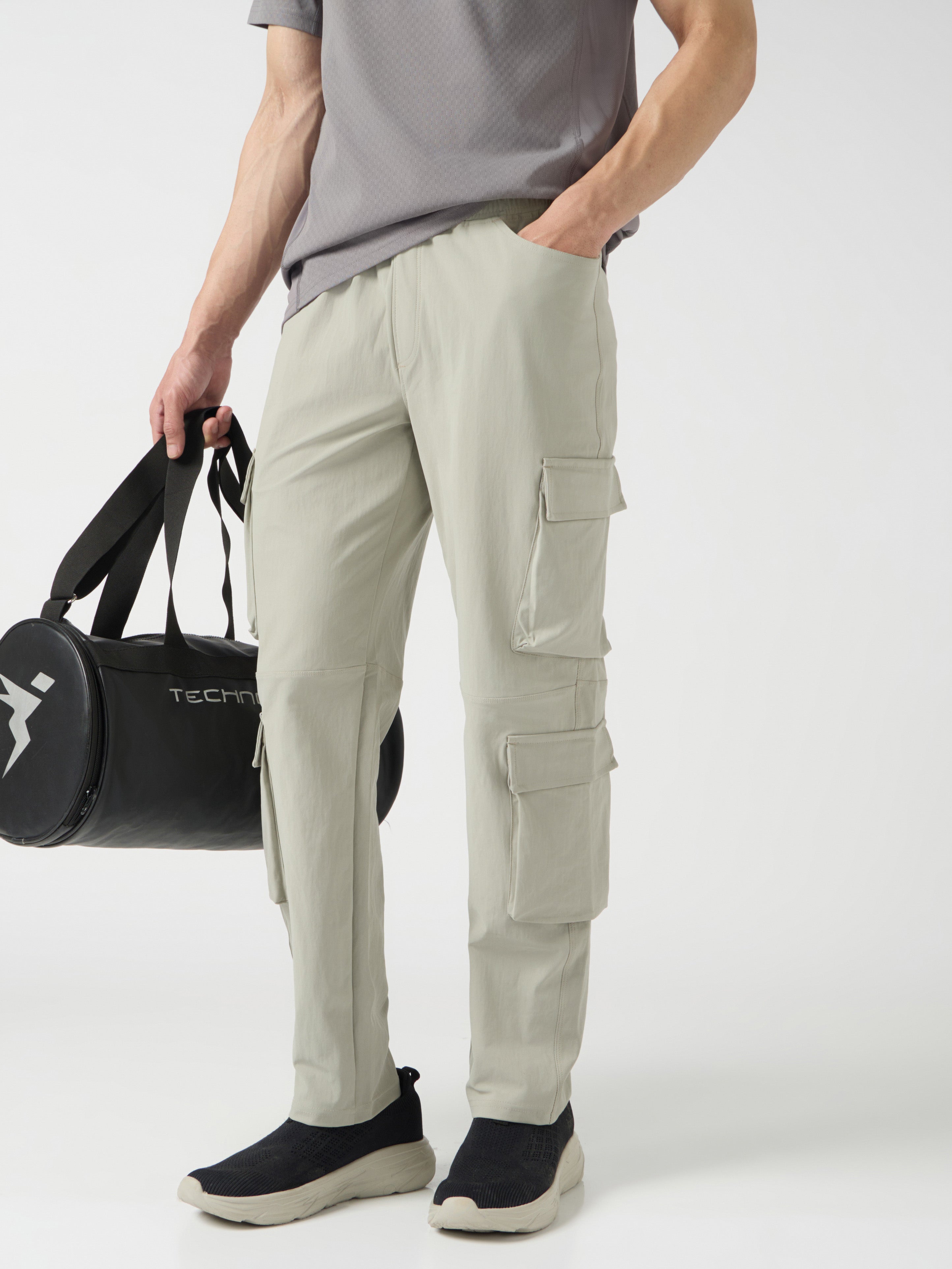 Men Solid Relax Fit 6 Pocket Cargo Trackpants with DURACOOL+
