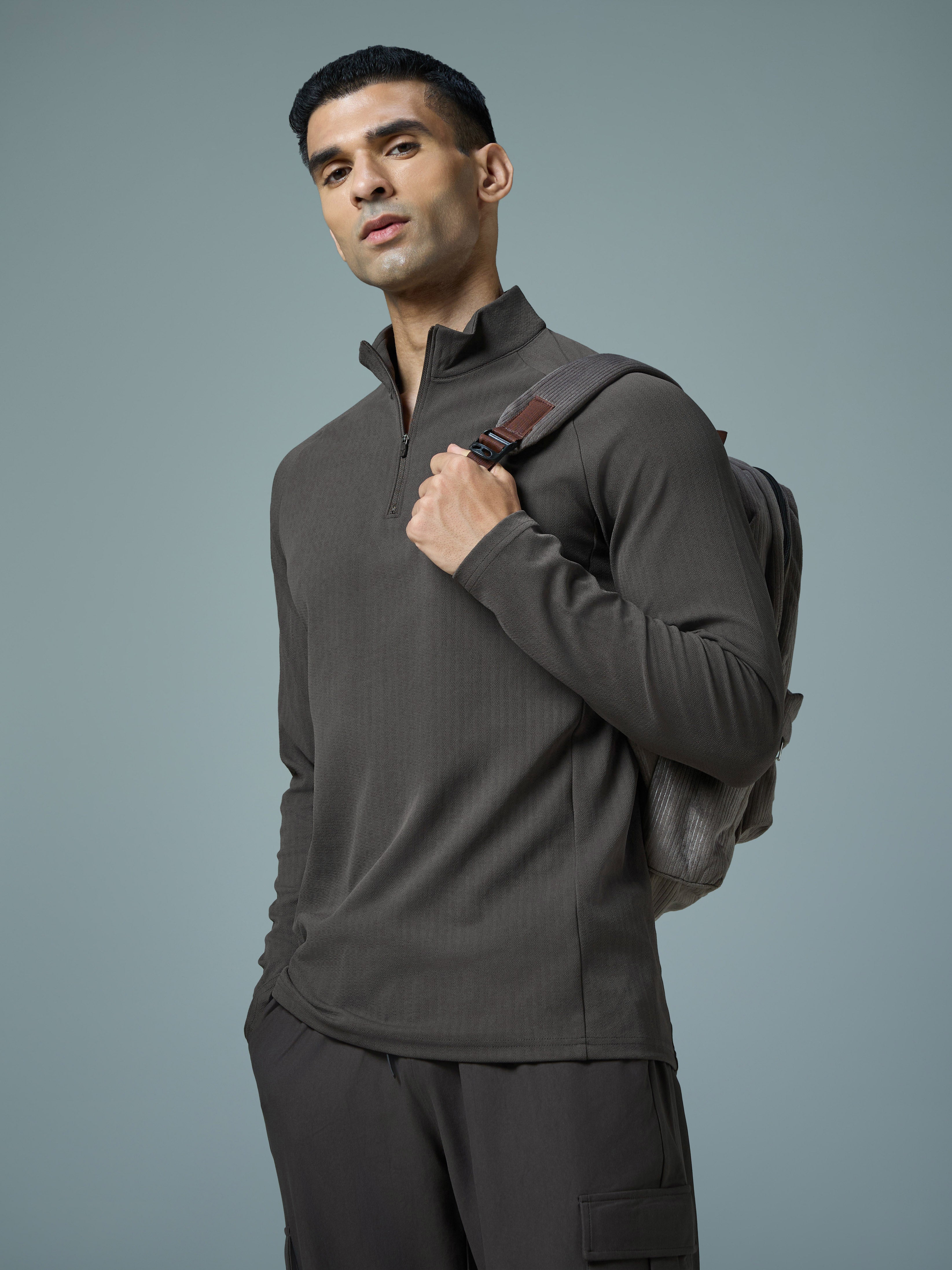 Men Solid Slim Fit Mock Neck Sports T-shirt with ELASTO PLUS