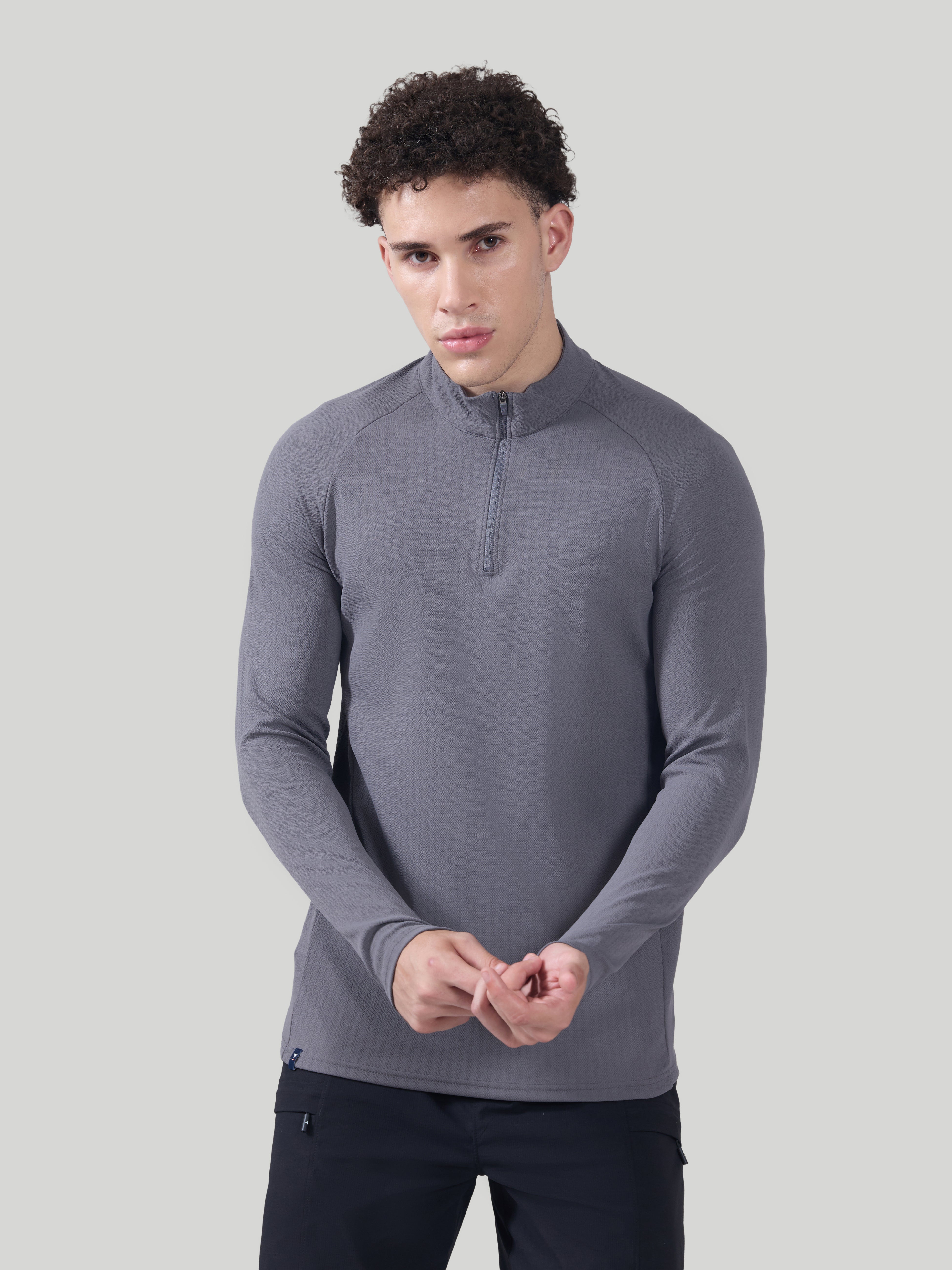 Men Solid Slim Fit Mock Neck Sports T-shirt with ELASTO PLUS