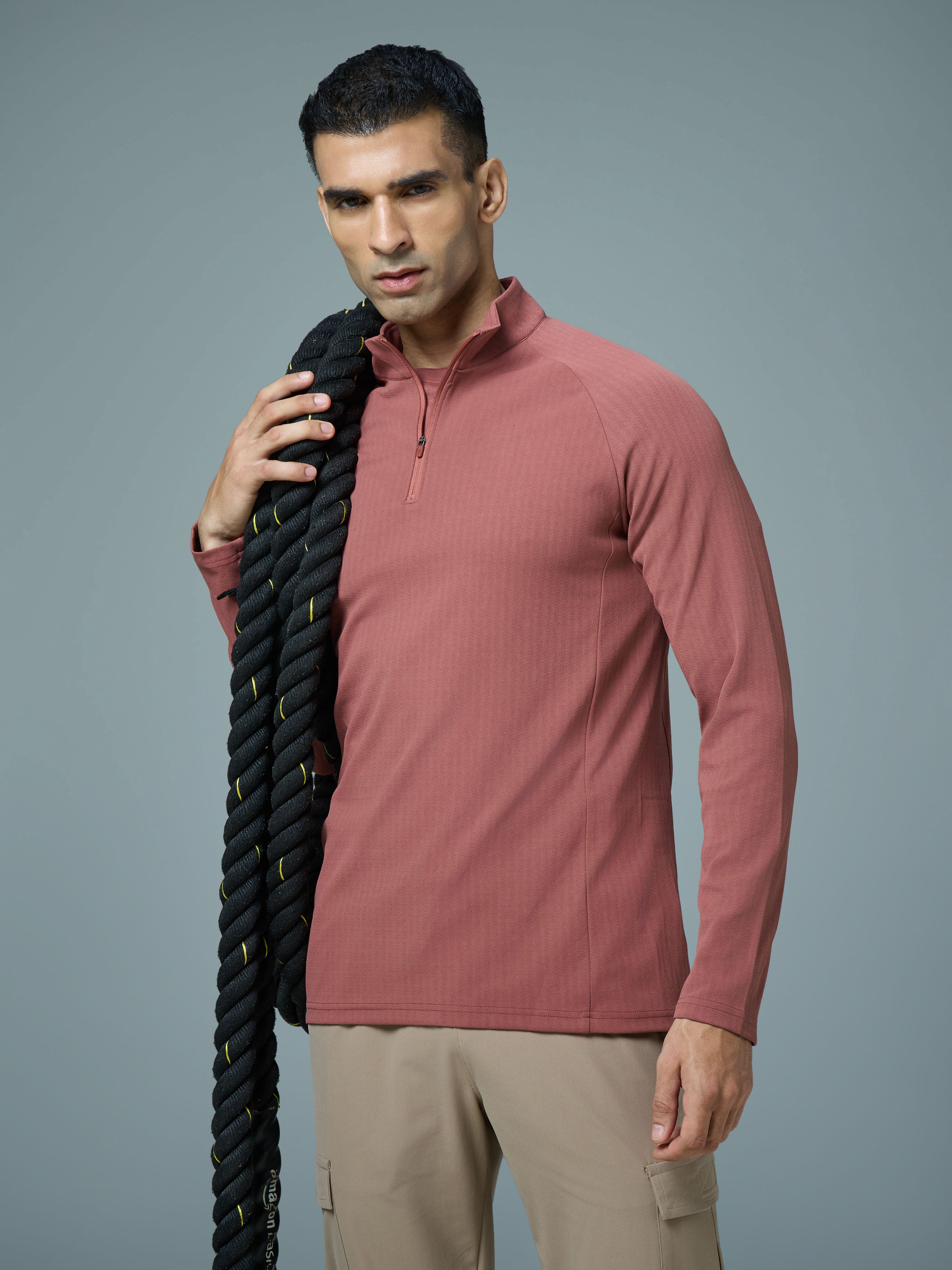 Men Solid Slim Fit Mock Neck Sports T-shirt with ELASTO PLUS