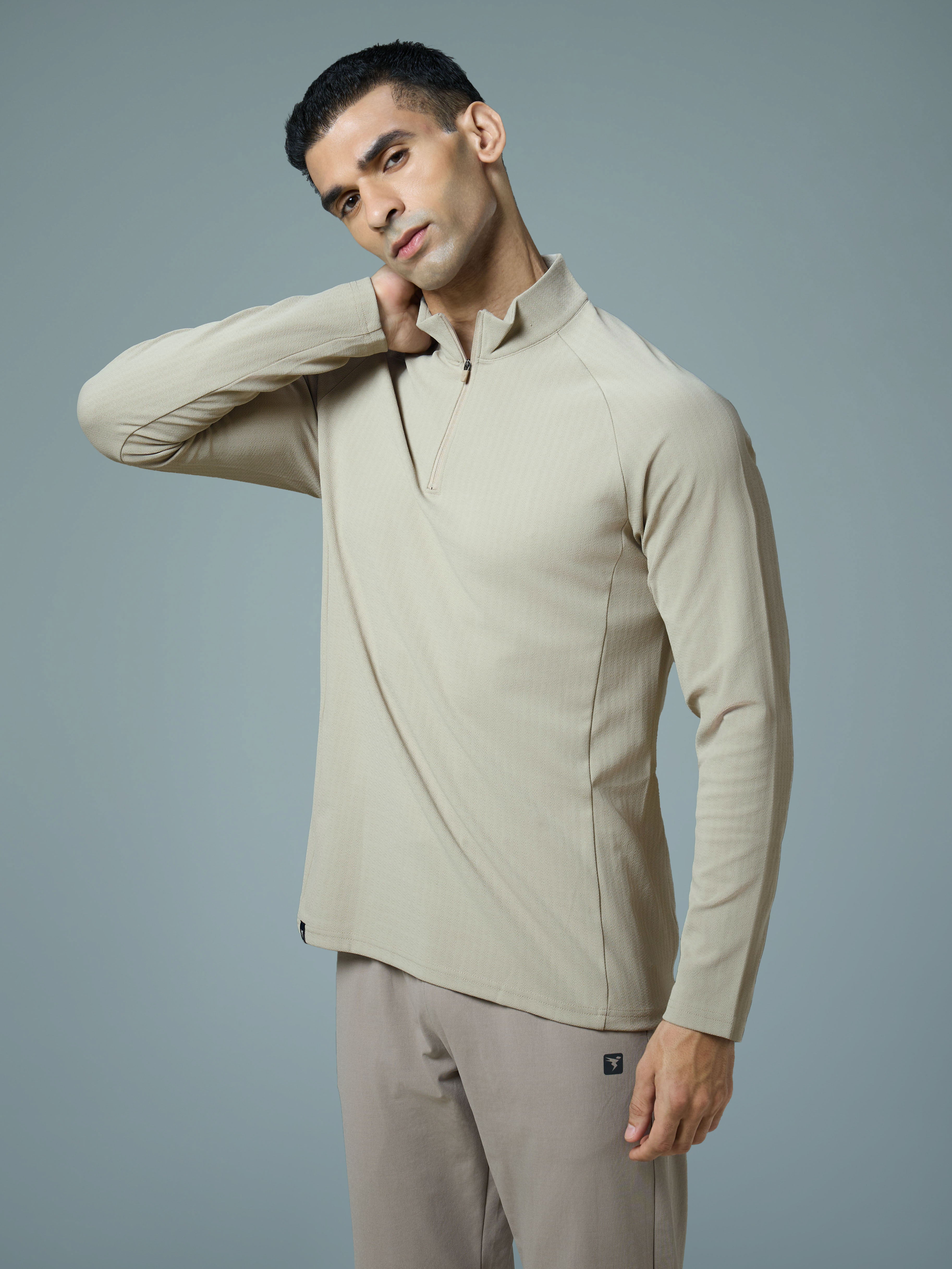 Men Solid Slim Fit Mock Neck Sports T-shirt with ELASTO PLUS