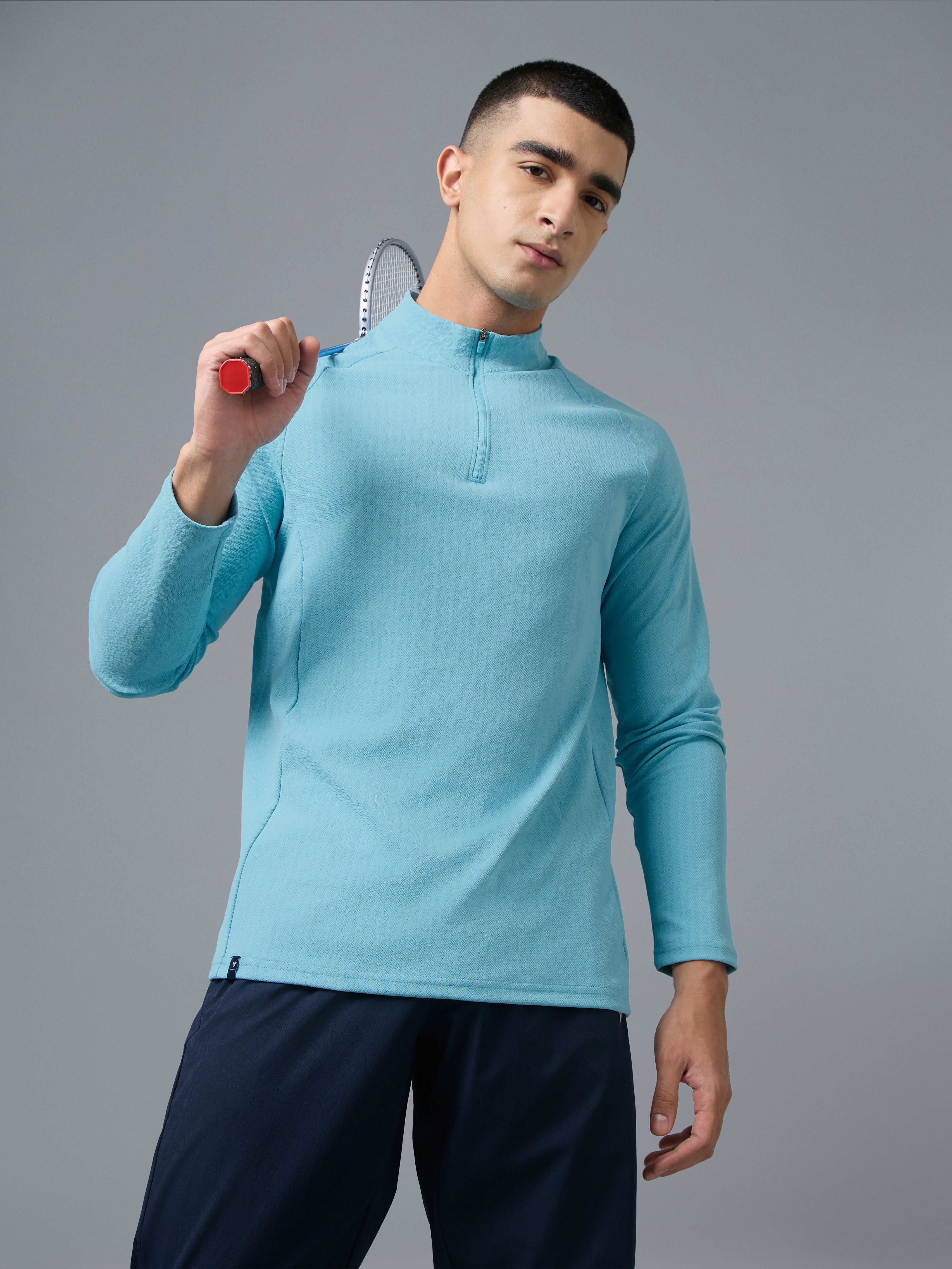 Men Solid Slim Fit Mock Neck Sports T-shirt with ELASTO PLUS