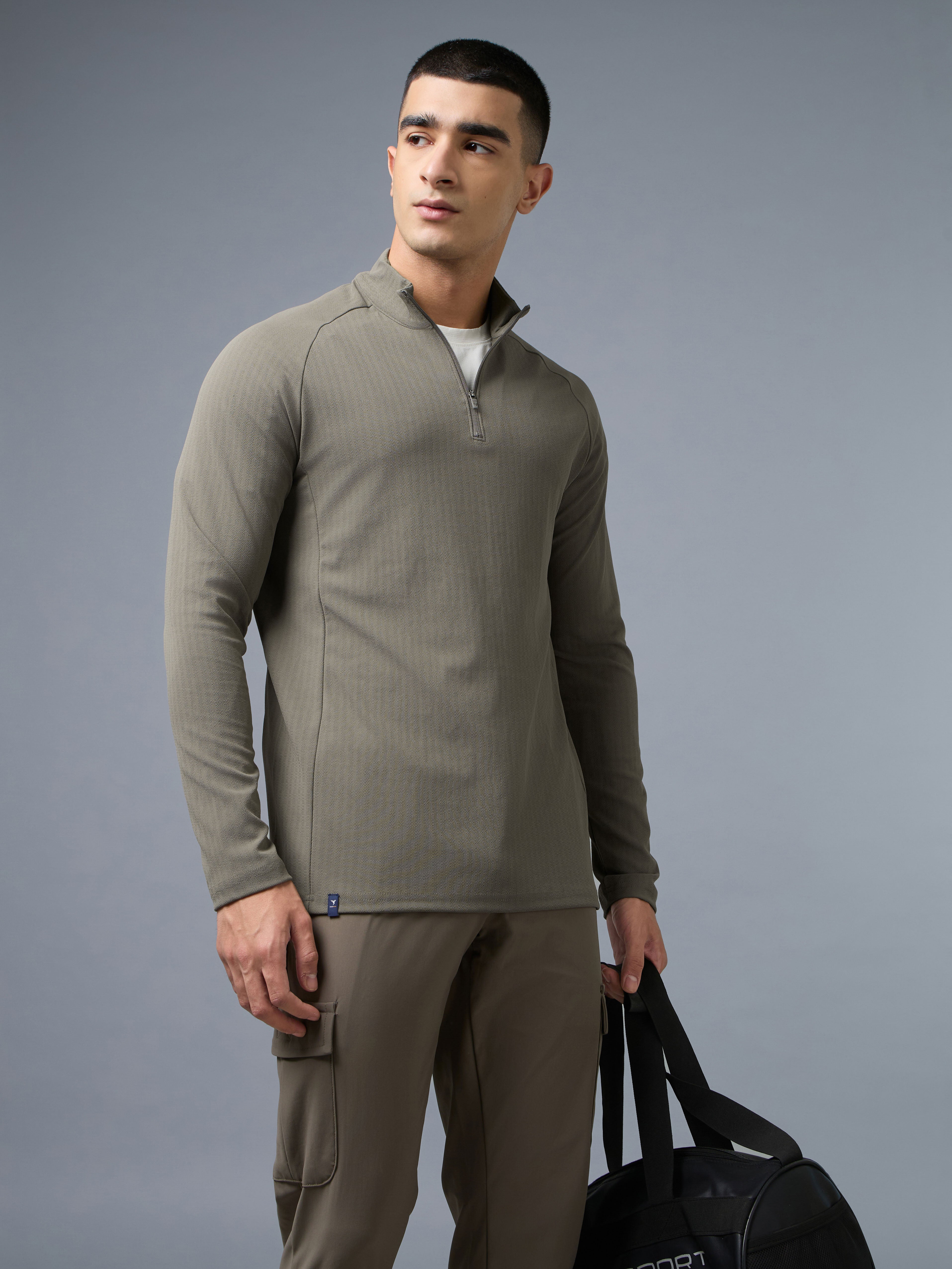Men Solid Slim Fit Mock Neck Sports T-shirt with ELASTO PLUS