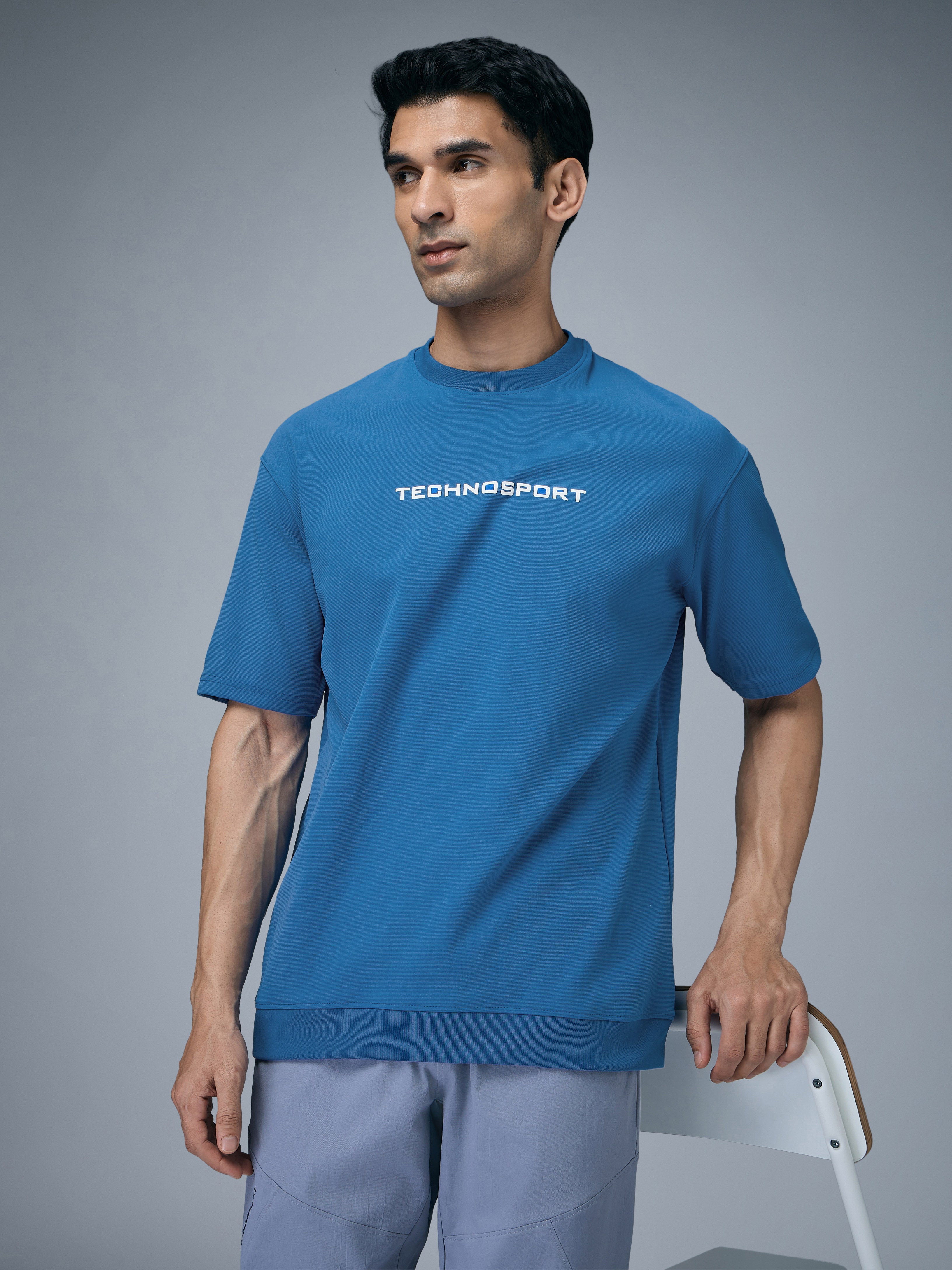 Men Printed Oversized Round Neck Sports T-shirt with ELASTO PLUS