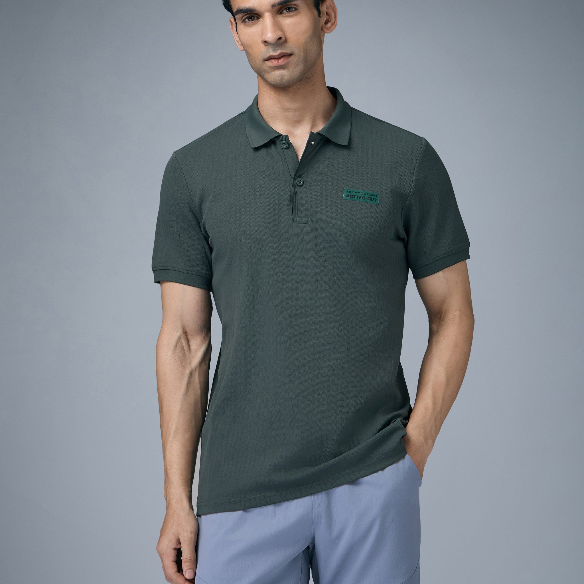 Men Self Design Active Out Slim Fit Polo T-Shirt with ELASTO PLUS