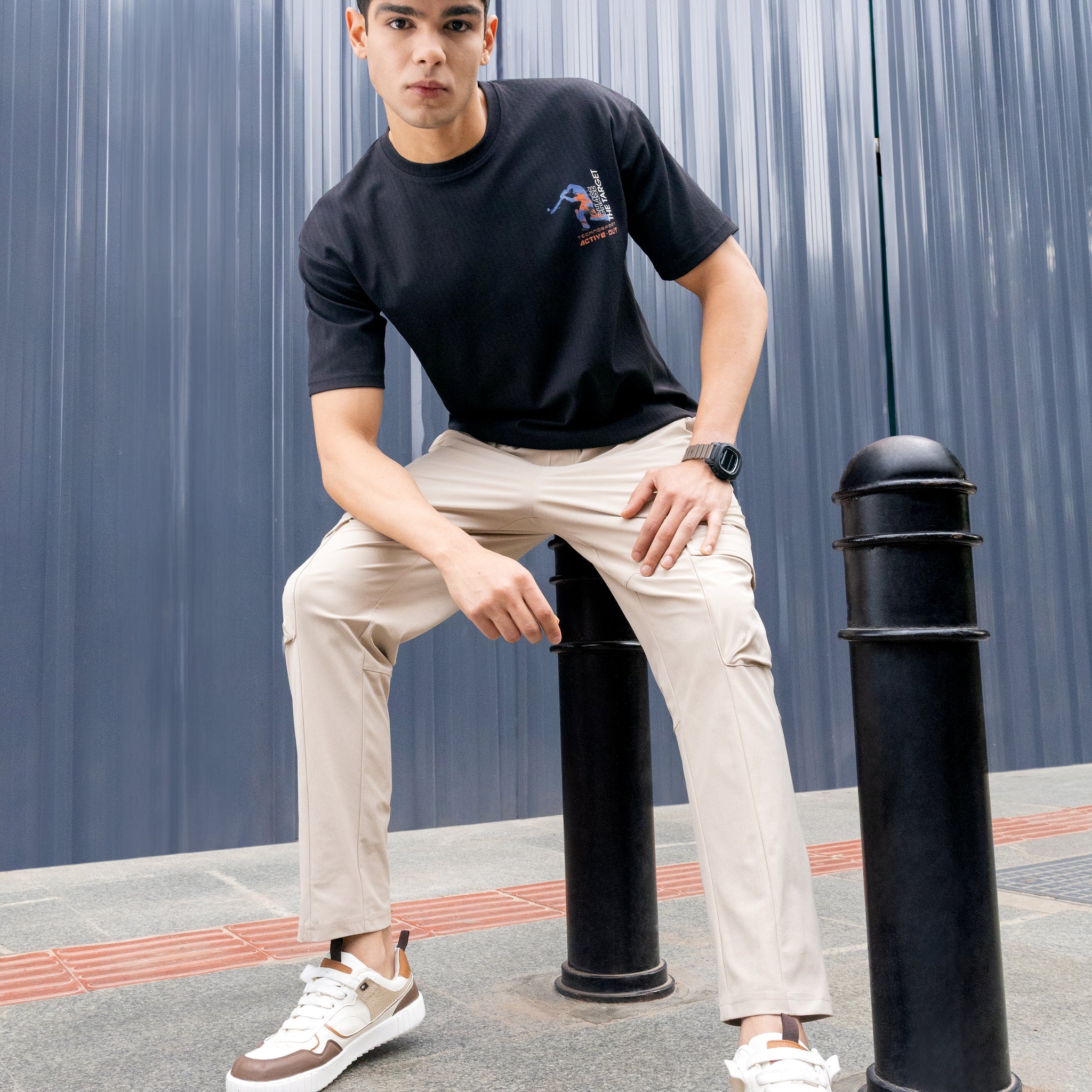 Men Round Neck Back Printed Active Out Regular Fit T-Shirt with ELASTOPLUS