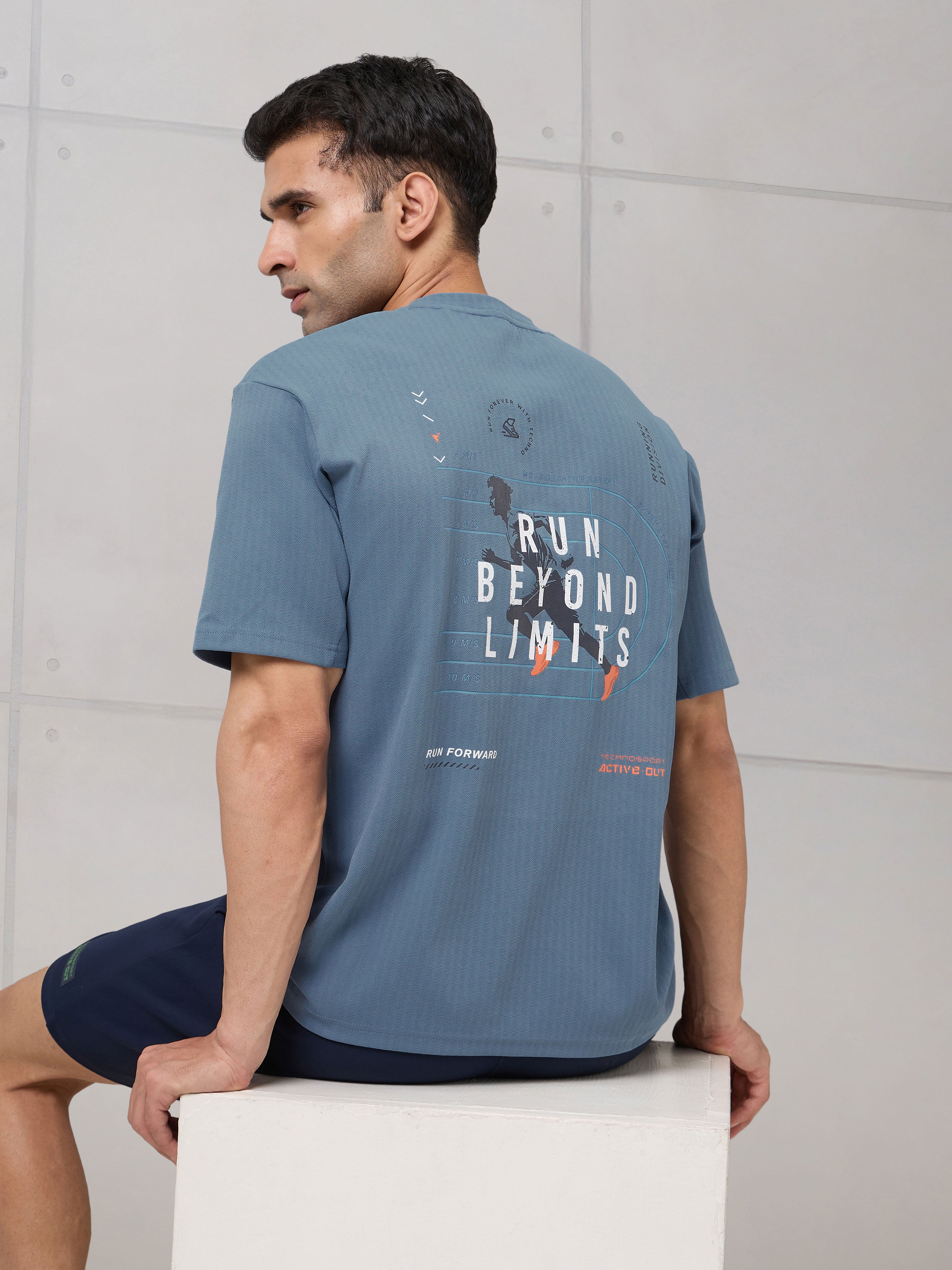 Men Round Neck Back Printed Active Out Regular Fit T-Shirt with ELASTOPLUS