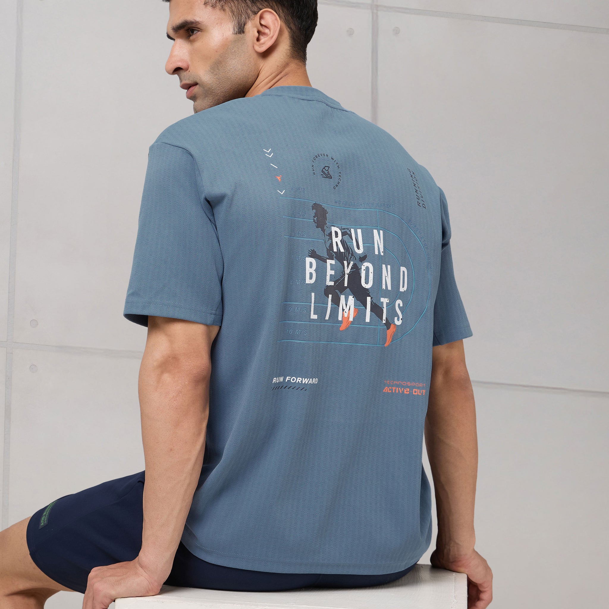 Men Round Neck Back Printed Active Out Regular Fit T-Shirt with ELASTOPLUS