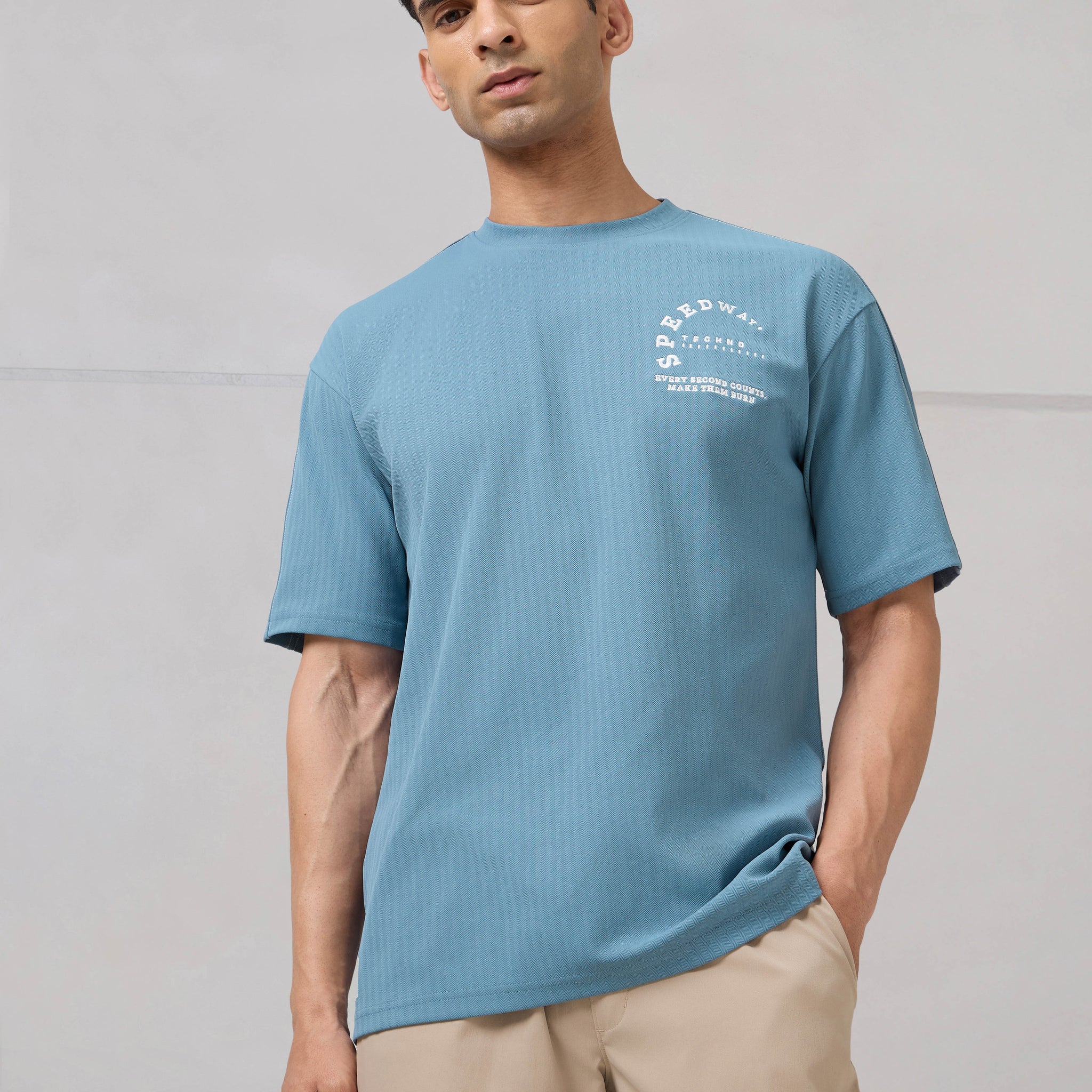 Men Round Neck Self Design Active Out Regular Fit T-Shirt with ELASTOPLUS